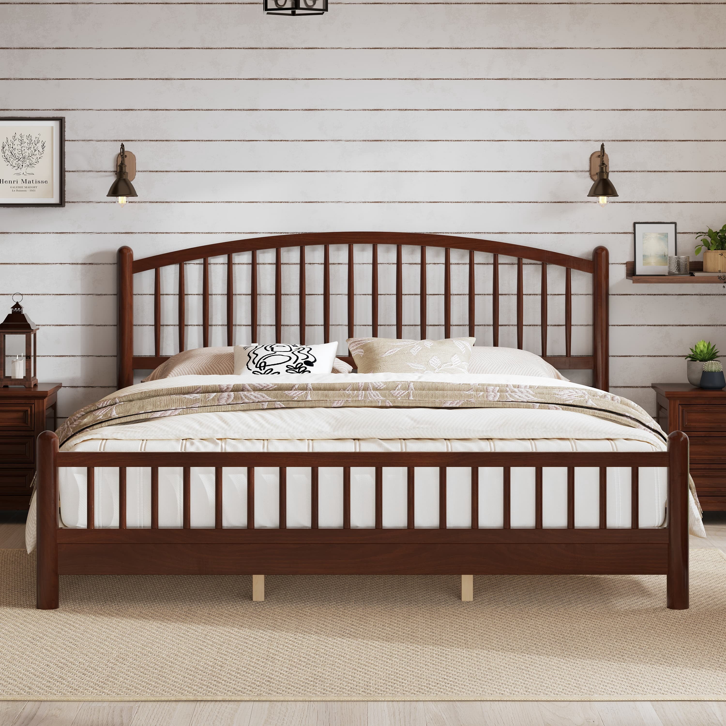 Euroco King Size Wood Platform Bed with Arched Headboard, No Box Spring Needed, Espresso