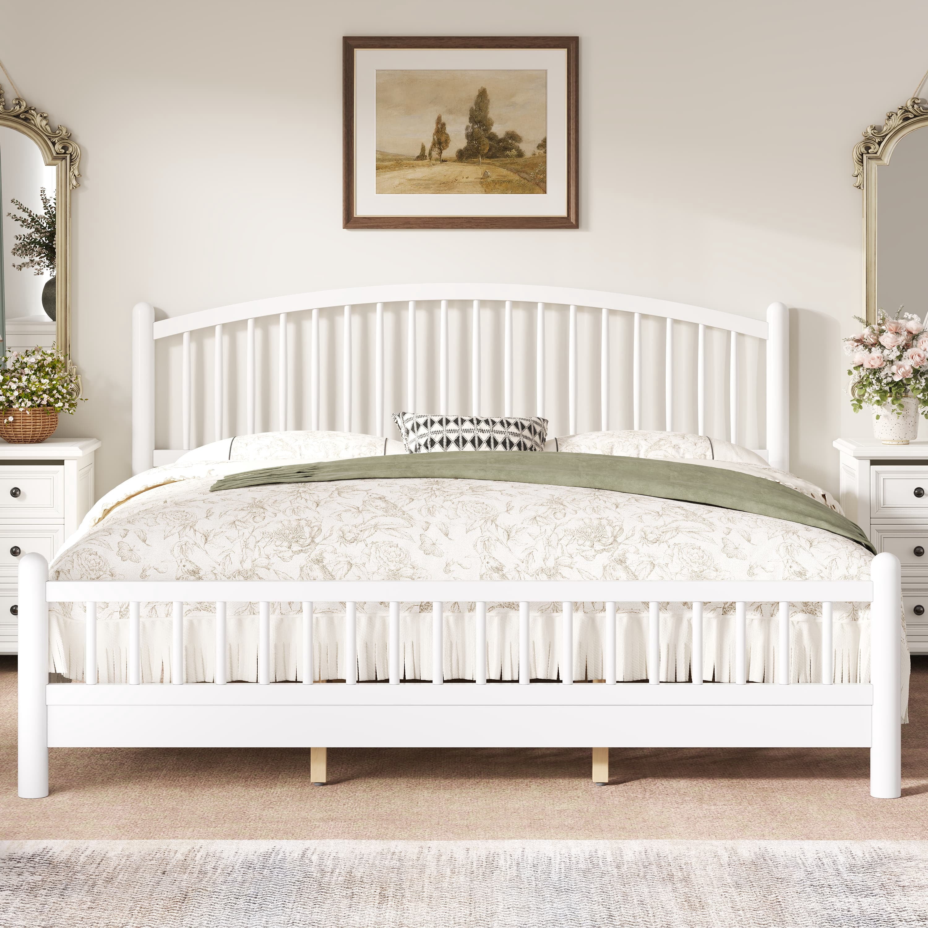 Euroco King Size Wood Platform Bed with Arched Headboard, No Box Spring Needed, White