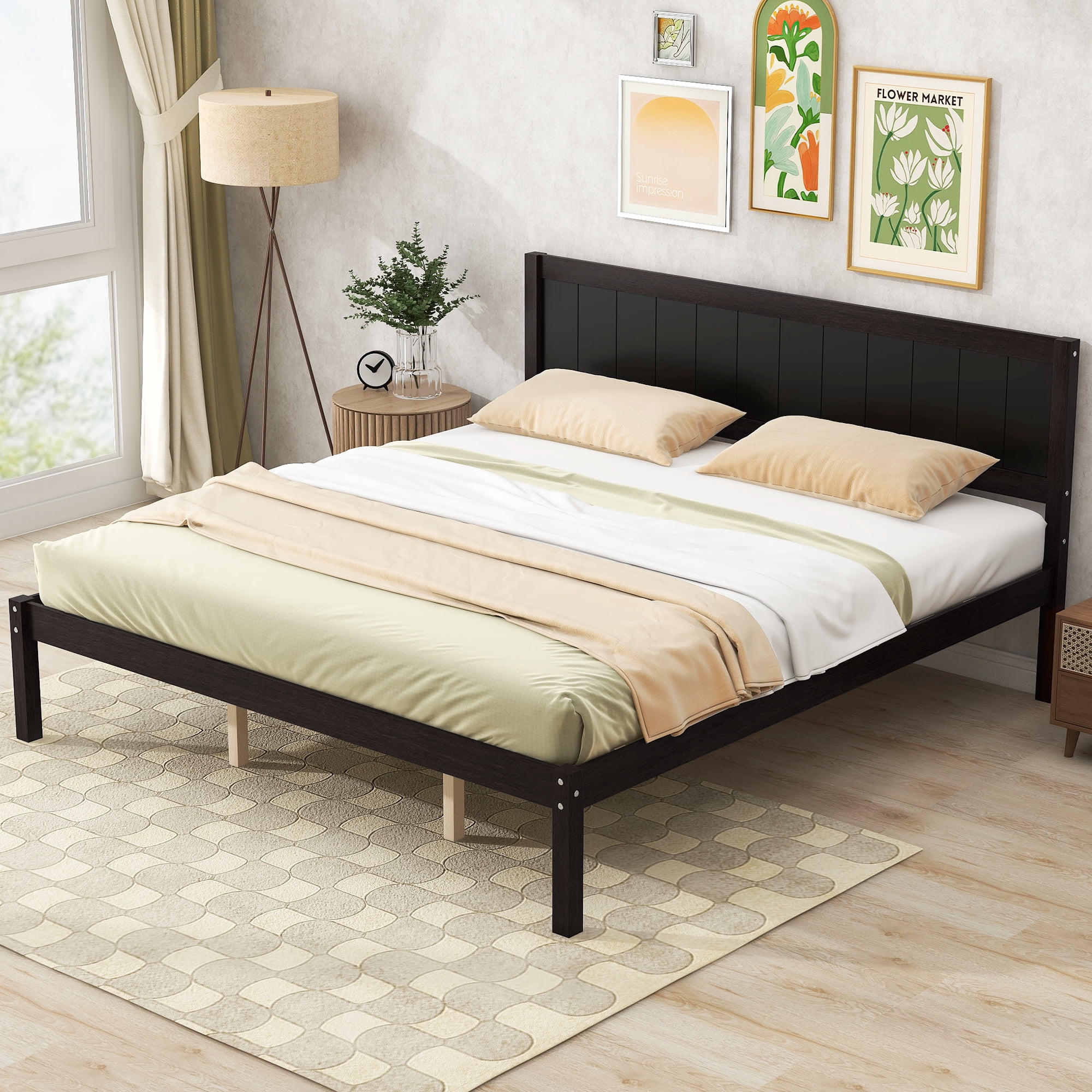 Euroco King Size Wood Platform Bed with Headboard and Slats, Espresso