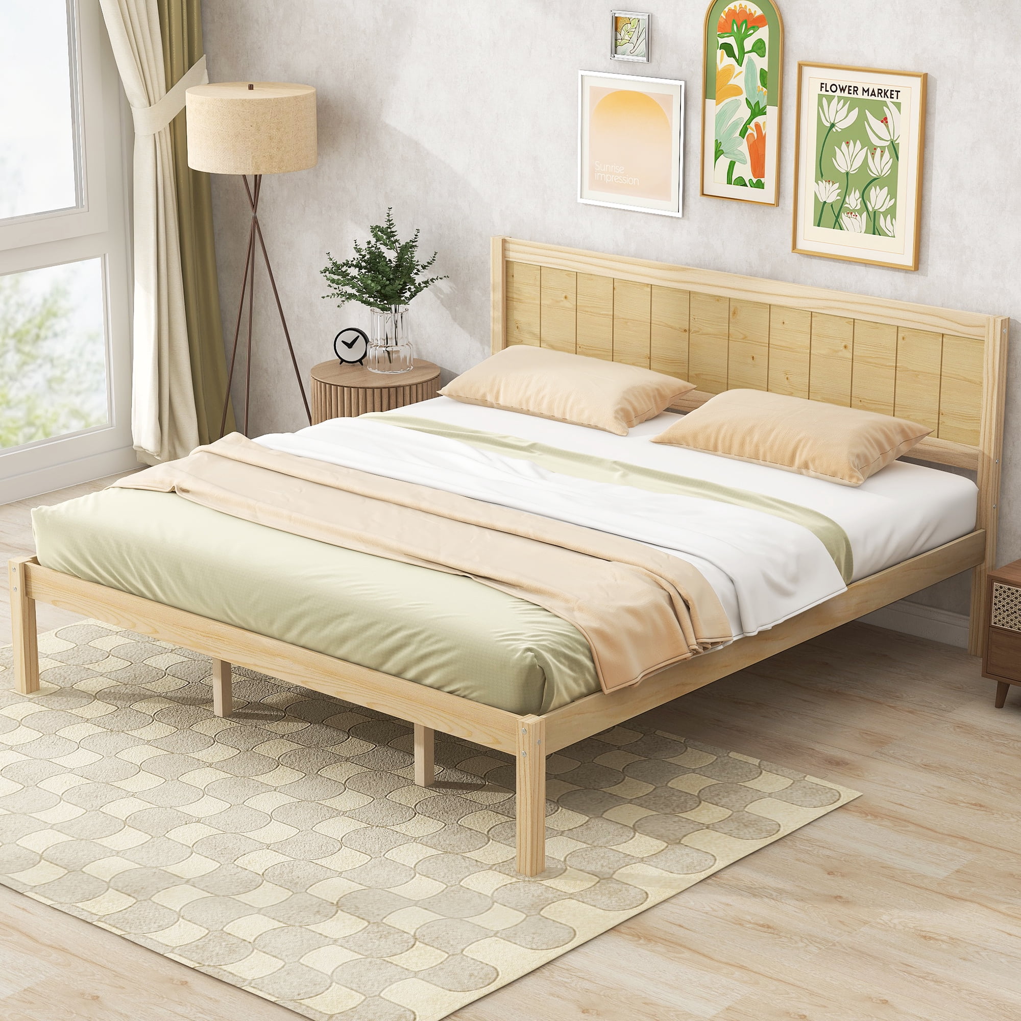 Euroco King Size Wood Platform Bed with Headboard and Slats, Natural