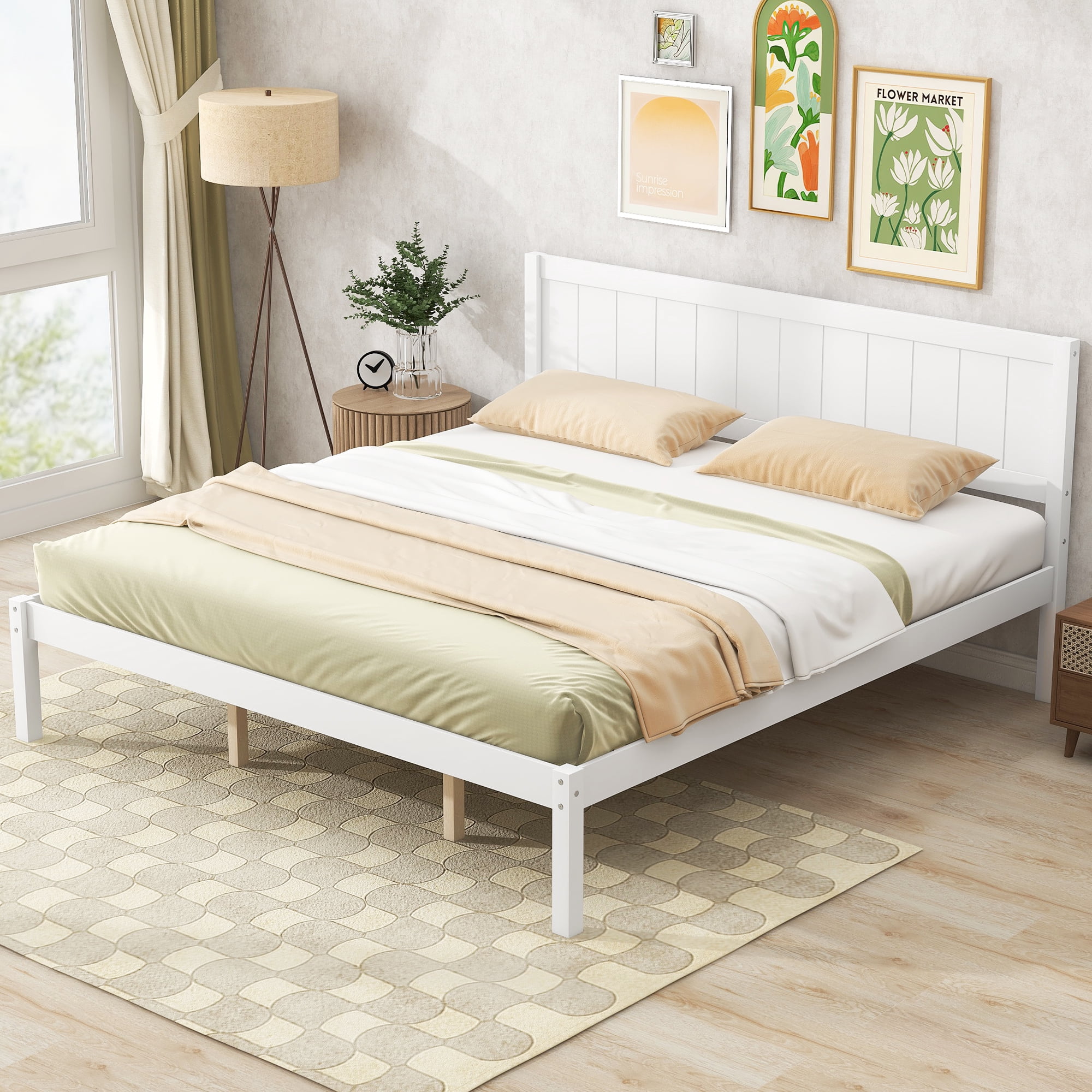 Euroco King Size Wood Platform Bed with Headboard and Slats, White