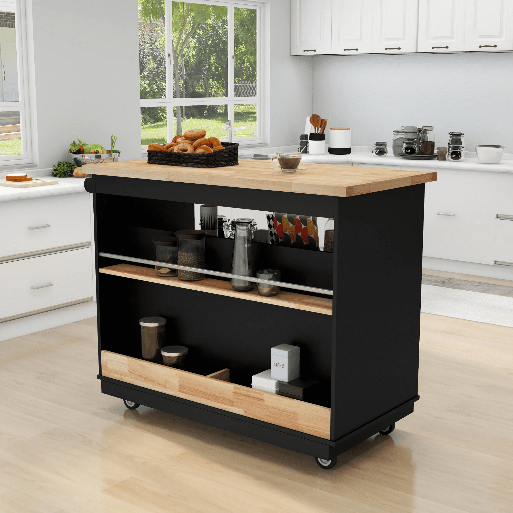Euroco Kitchen Cart, Rolling Mobile Kitchen Island with Solid Wood Top and 2 Drawers, Black
