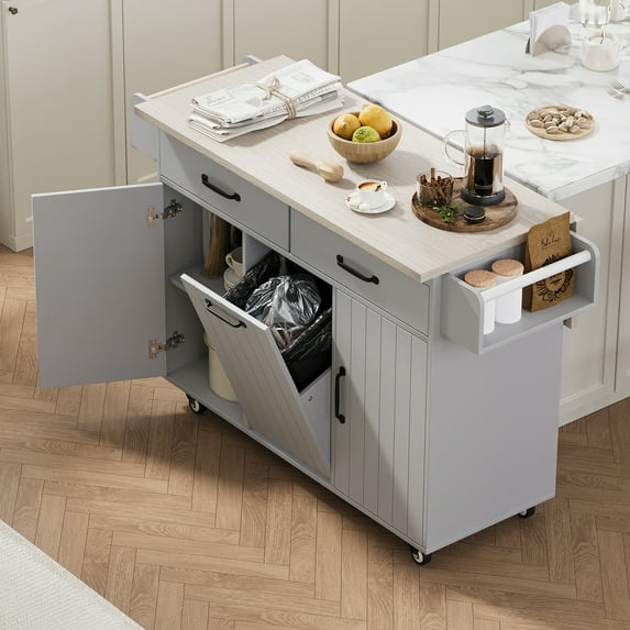 Euroco Kitchen Island Cart with Drop Leaf, Tilt-Out Trash Cabinet, Drawers and Shelves, Mobile and Stationary Options, 51” Wide