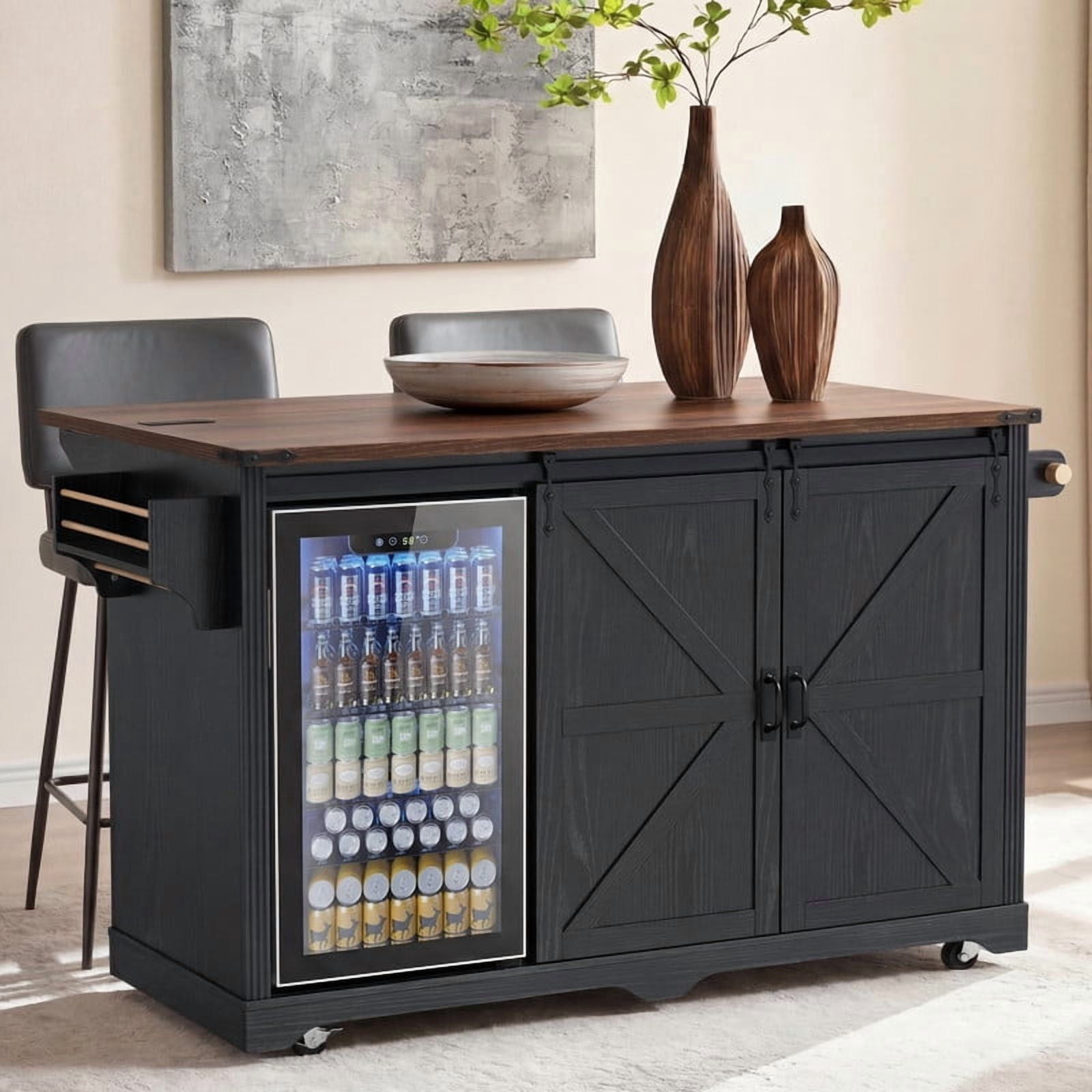 Euroco Kitchen Island on Wheels with Storage,Coffee Bar Cabinet with Fridge Space,Power Outlet,4 Drawers,Glass Holder & Drop Leaf,Rolling Island Kitchen Table for Dining Room,Black