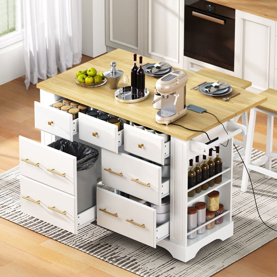 Euroco Kitchen Island with Charging Station, 6 Drawers, Drop Leaf, Trash Cabinet, and Open Shelves
