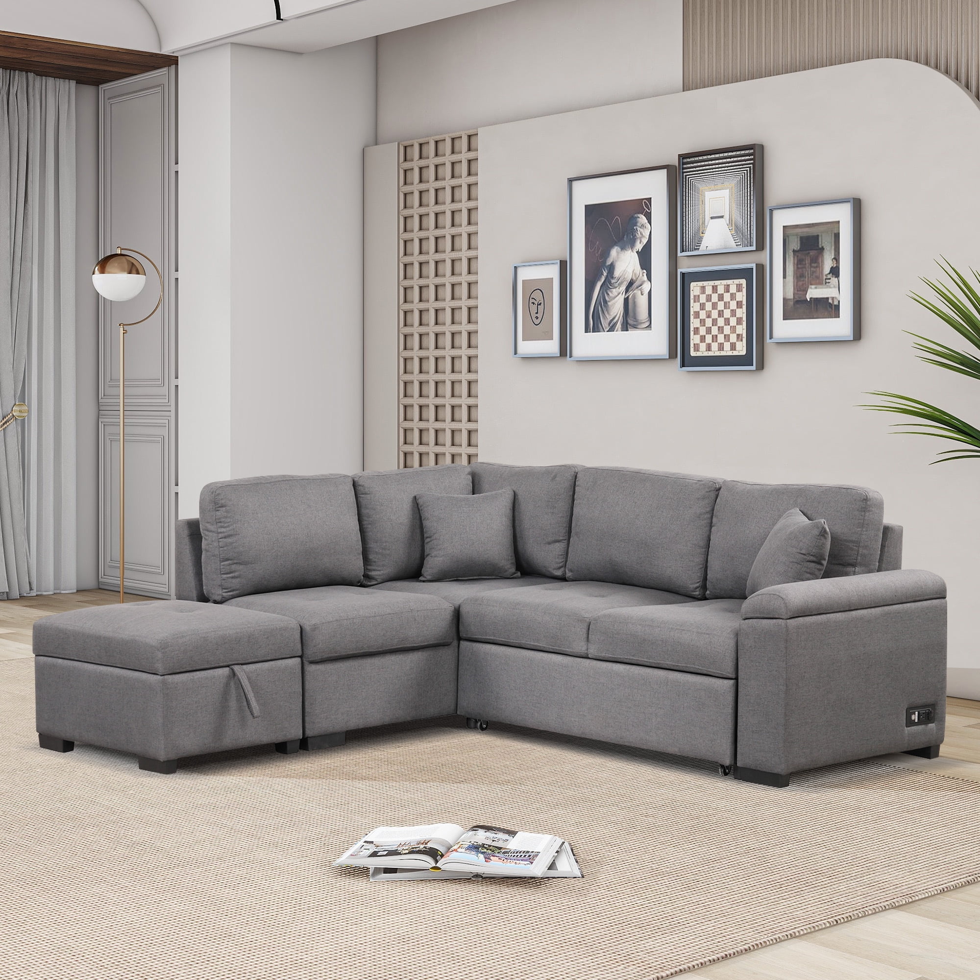 Euroco LShape Sofa Bed with Storage Ottoman and Hidden Arm Storage