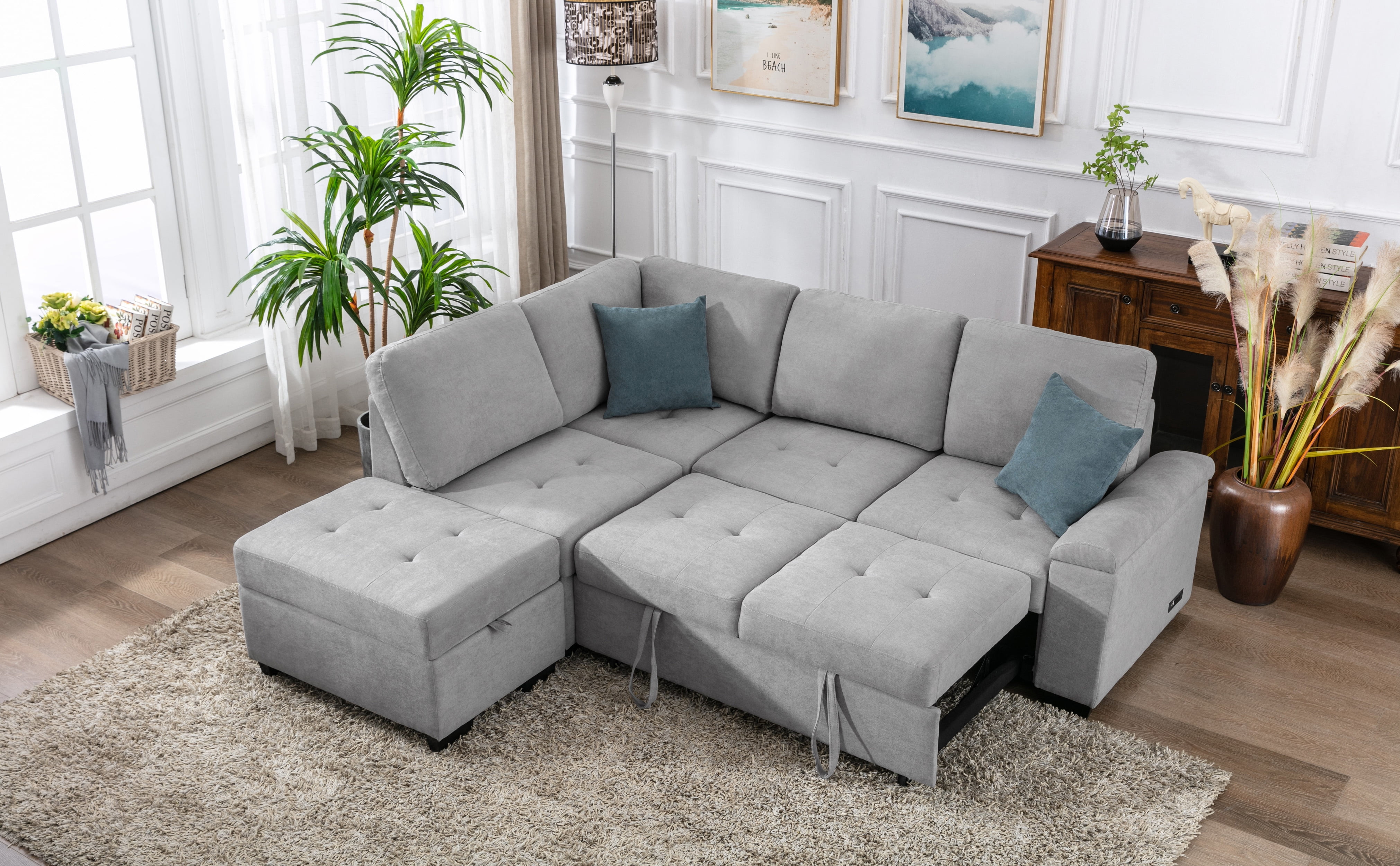 Euroco LShape Sofa Bed with Storage Ottoman and Hidden Arm Storage