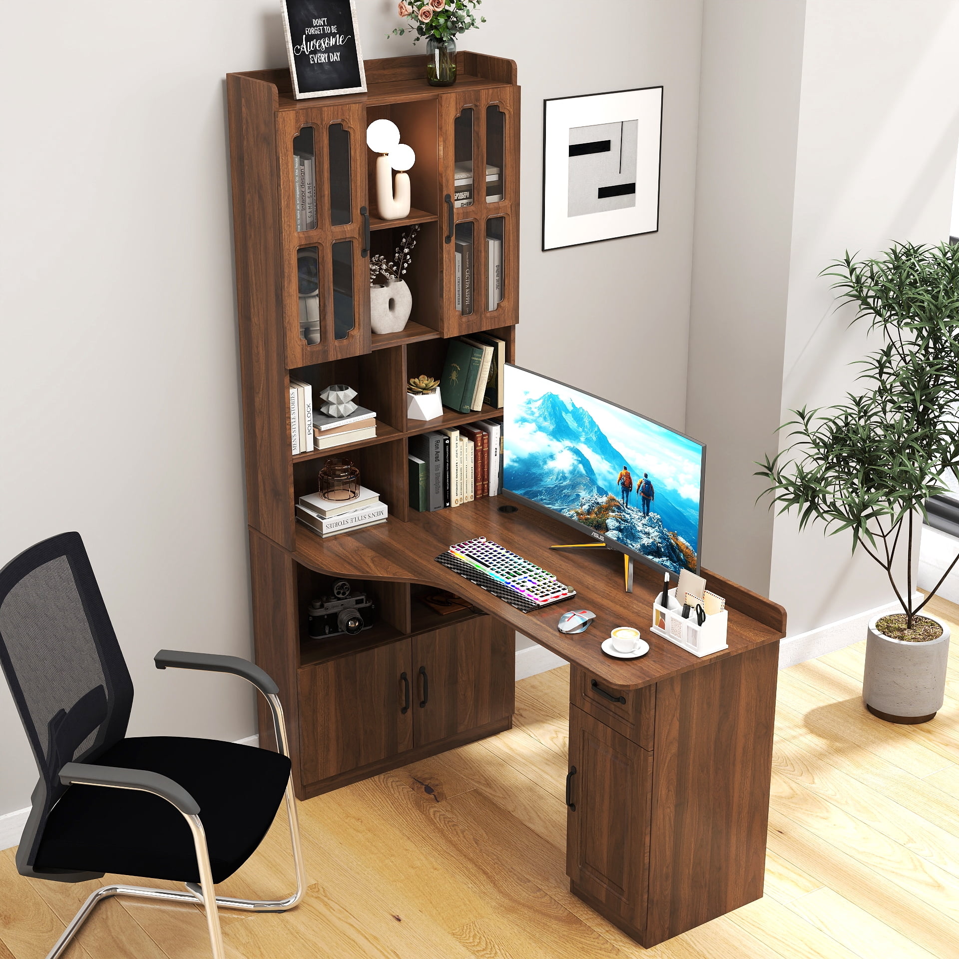 Euroco L-Shaped Corner Computer Desk for Home Office or Study desk, Study Modern Style Table with Drawers, Bookshelf & Hutch, 2-in-1 L-Shaped Design, Large Working Space