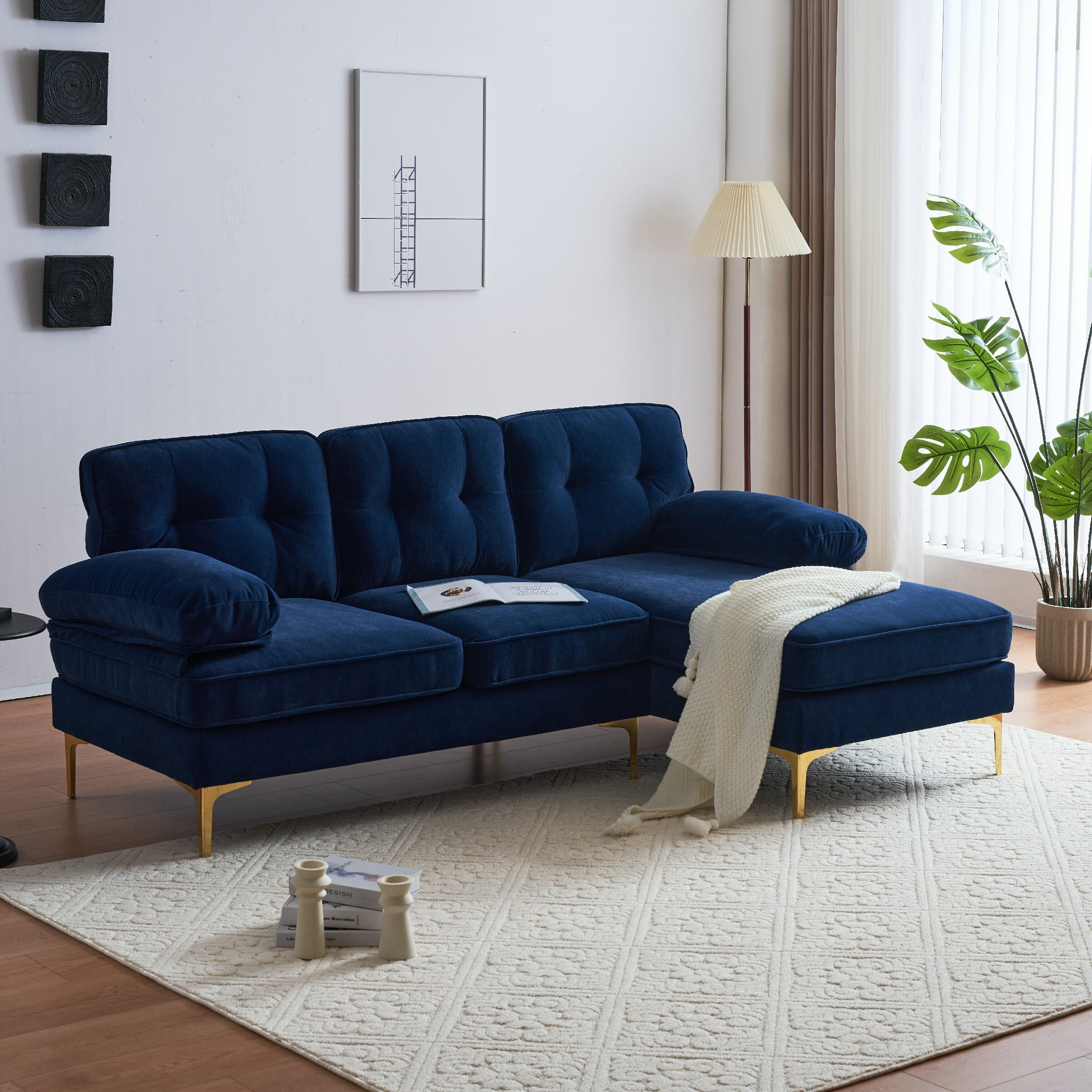 Euroco L Shaped Couch Modern 83 Living Room Sofa with Chaise Lounge Velvet Brown Walmart
