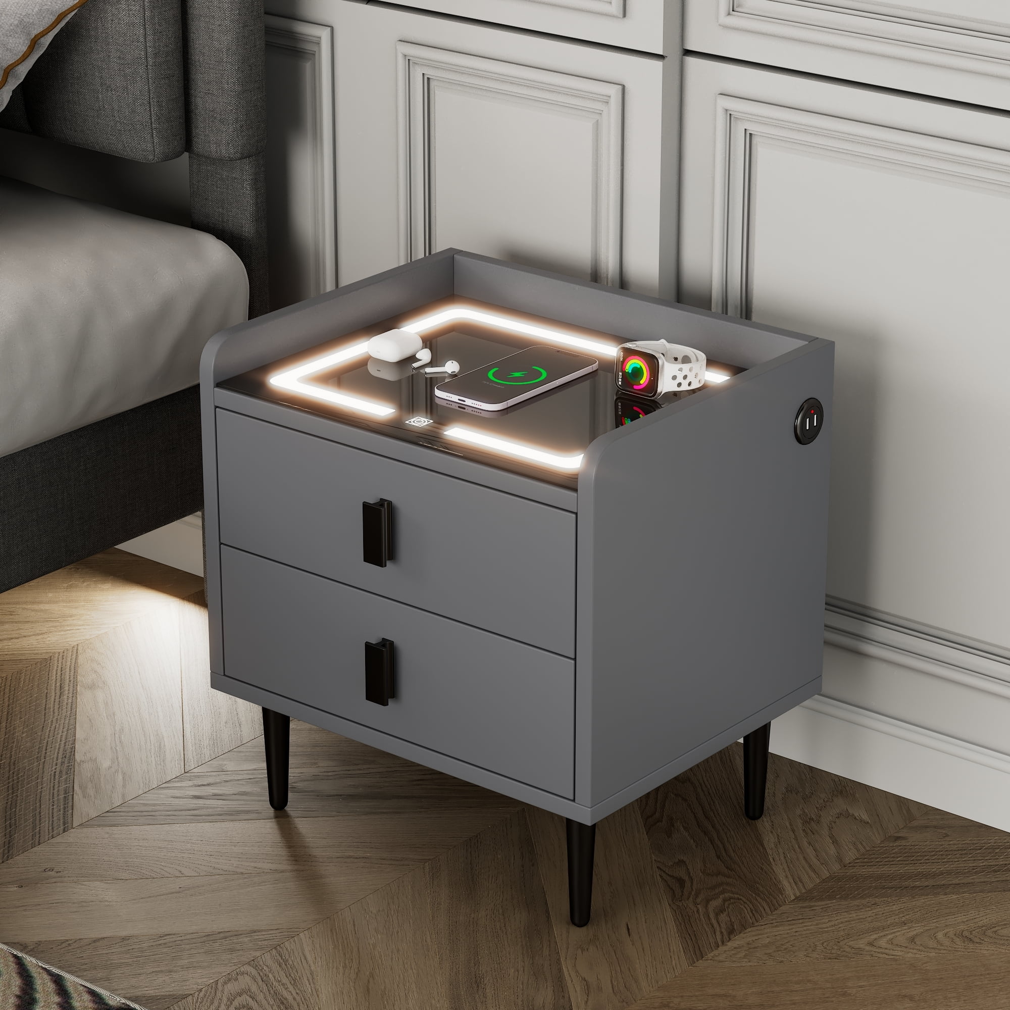 Euroco LED Lights Nightstand with Wireless Charging Station, 2 Drawers