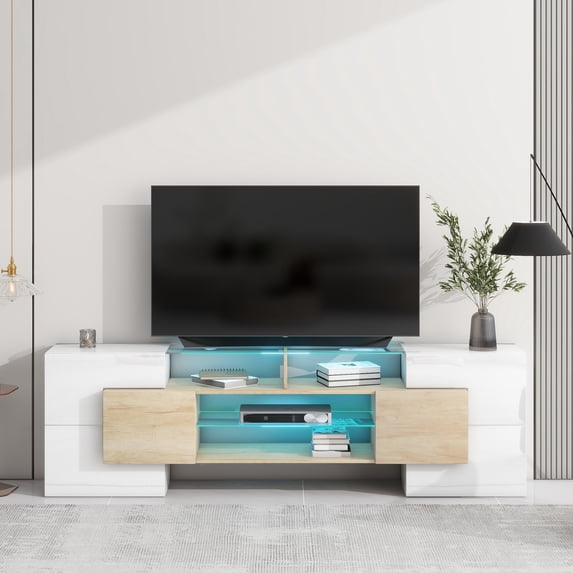Euroco LED TV Stand for TVs Up to 80" Media Console with LED Lights, Versatile TV Cabinet with 2 Illuminated Glass Shelves, White&Natural