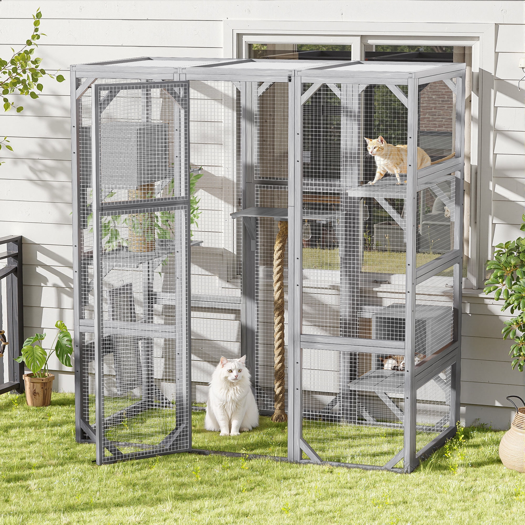 Euroco Large Outdoor Cat Enclosure with Sleeping Houses, Climbing Platforms, and Scratching Posts