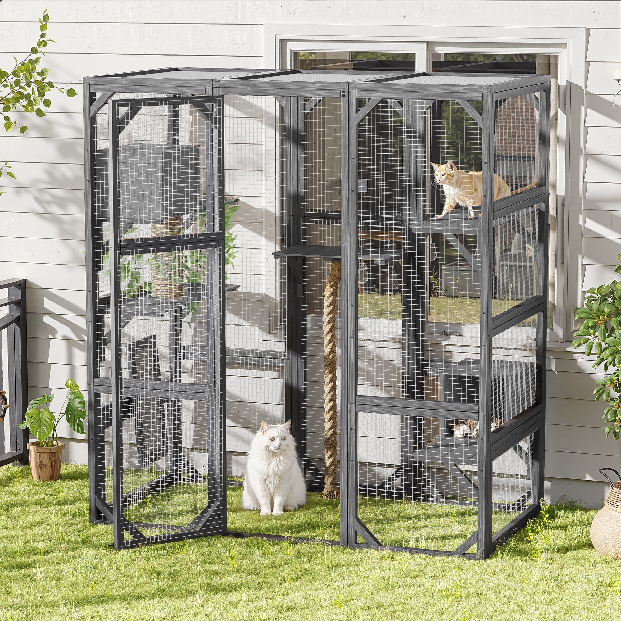 Euroco Large Outdoor Cat Enclosure with Sleeping Houses, Climbing Platforms, and Scratching Posts