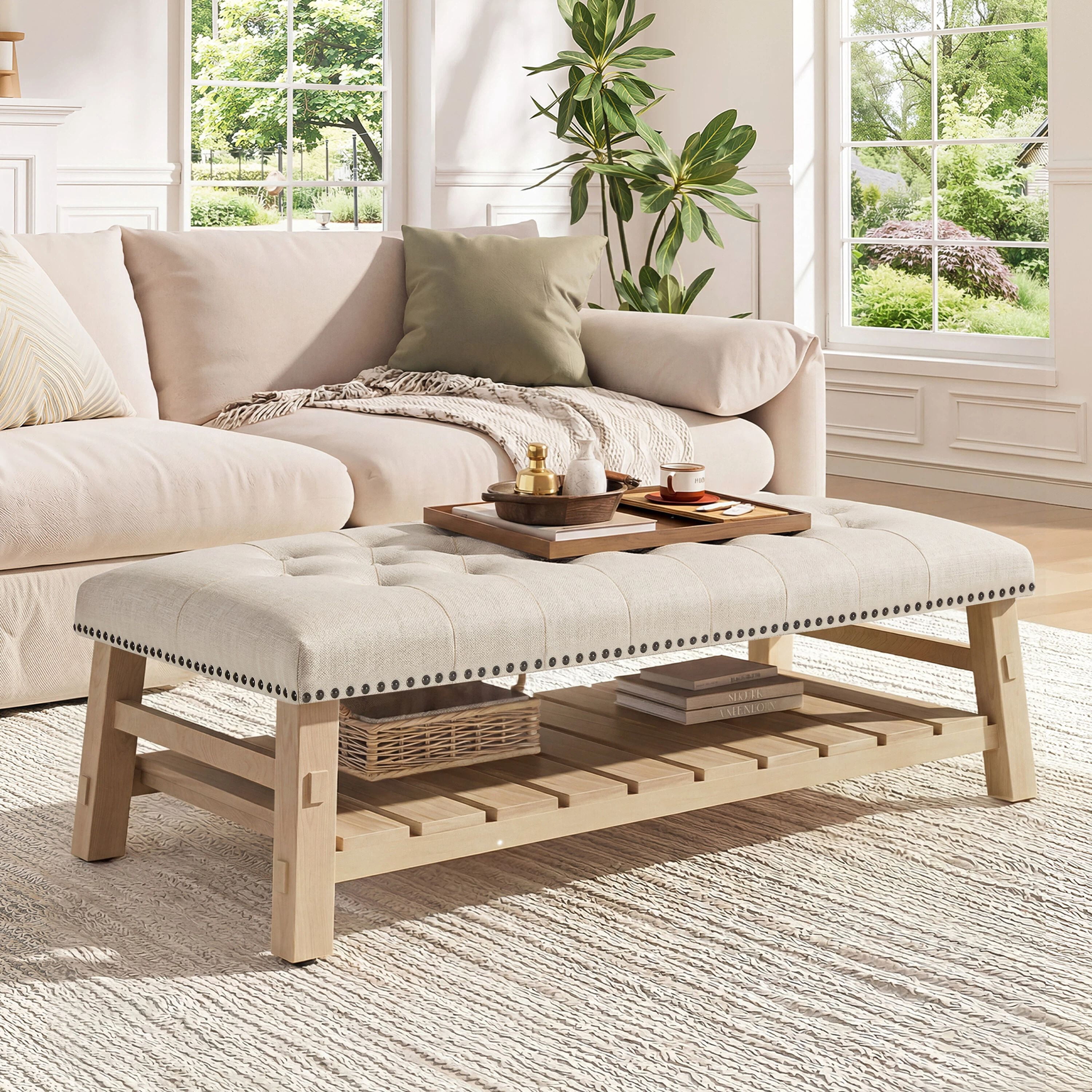 Euroco Large Rectangle Ottoman Coffee Table,Tufted Upholstered Footrest Ottoman with Shelf Storage,Nailhead Trim & Solid Wood Legs for Bedroom Living Room,Beige