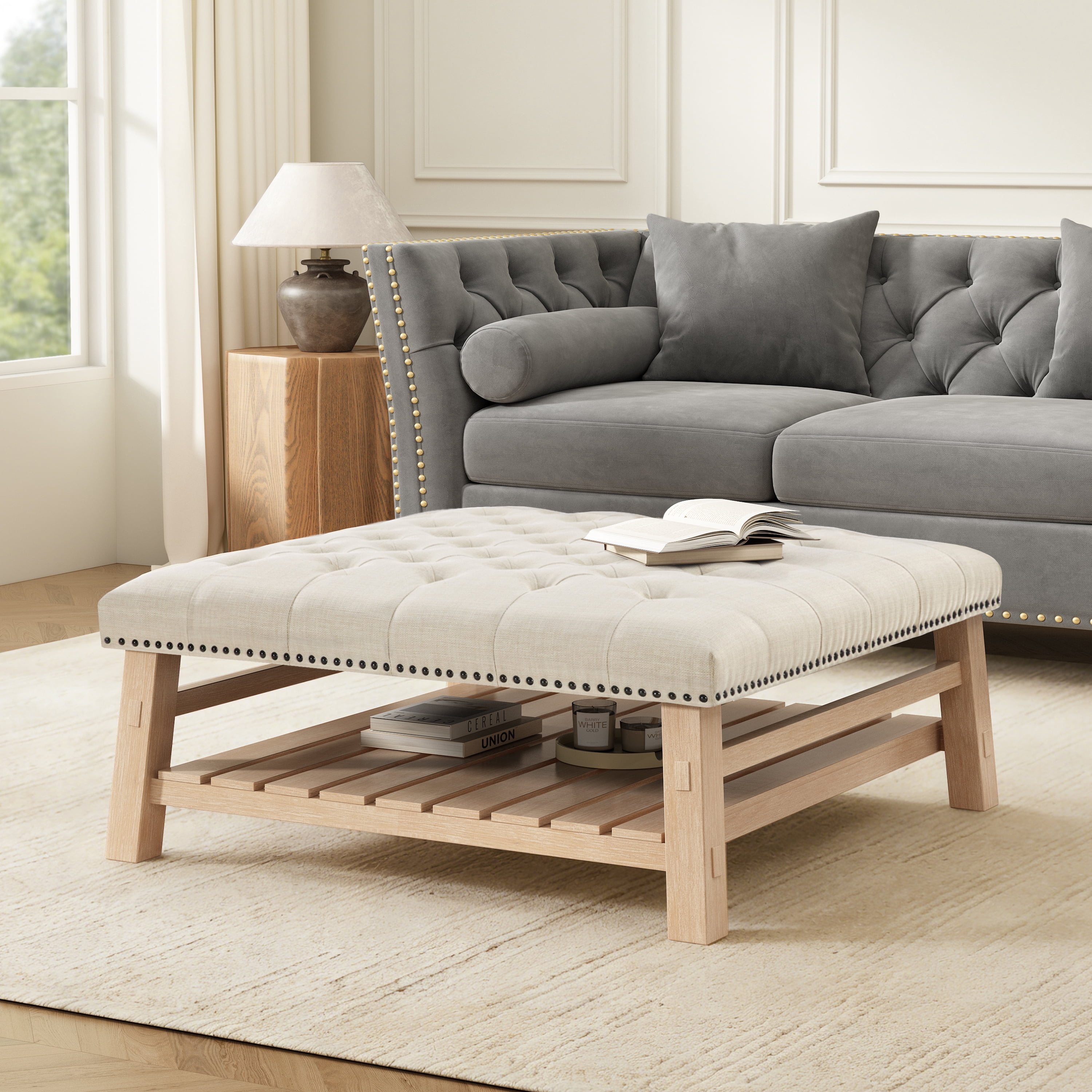 Euroco Large Square Ottoman Coffee Table,Linen Upholstered Footrest Ottoman with Shelf Storage,Nailhead Trim & Solid Wood Legs for Bedroom Living Room,Beige