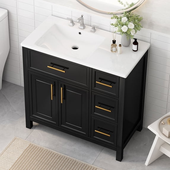 Euroco Left Side Ceramic Sink Bathroom Vanity with Solid Wood Cabinet, 3 Drawers and 2 Doors, Painted Finish, Gold Handles, 8-Inch Faucet Compatible
