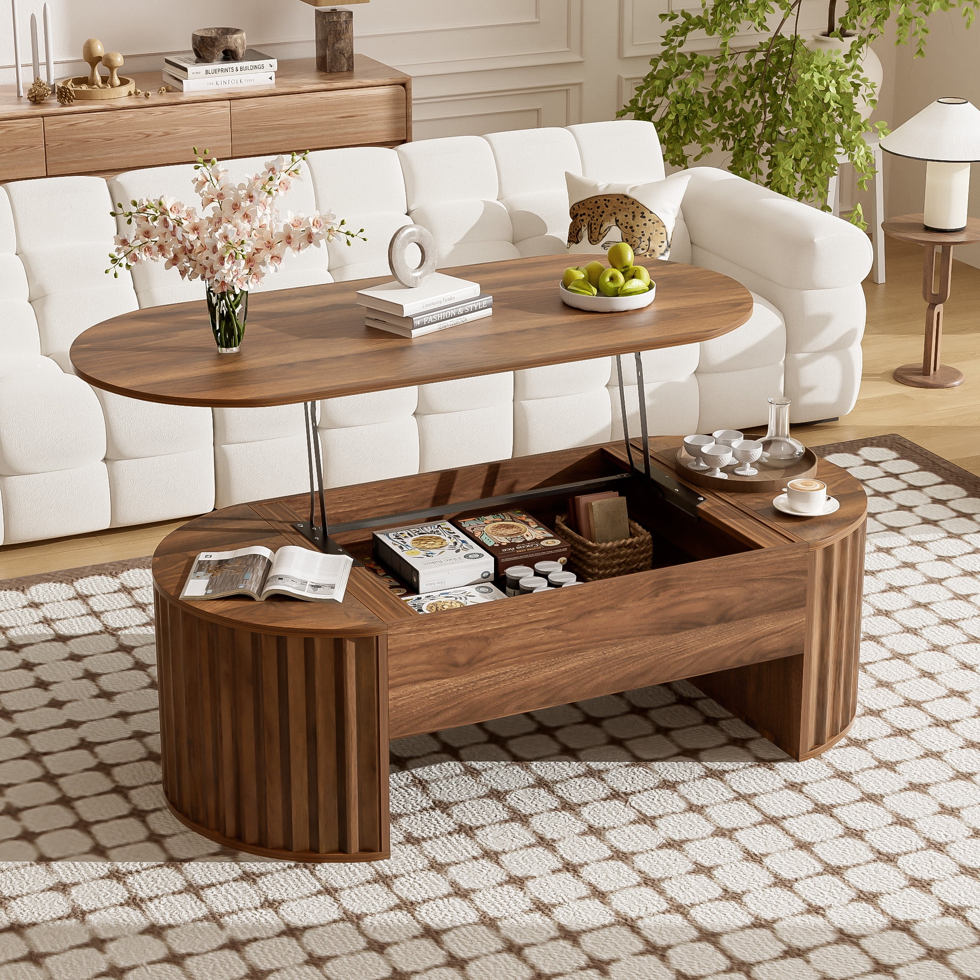Euroco Lift-Top Coffee Table with Hidden Storage, Hydraulic Mechanism, Wavy Groove Design, Scratch-Resistant MDF Wood Finish