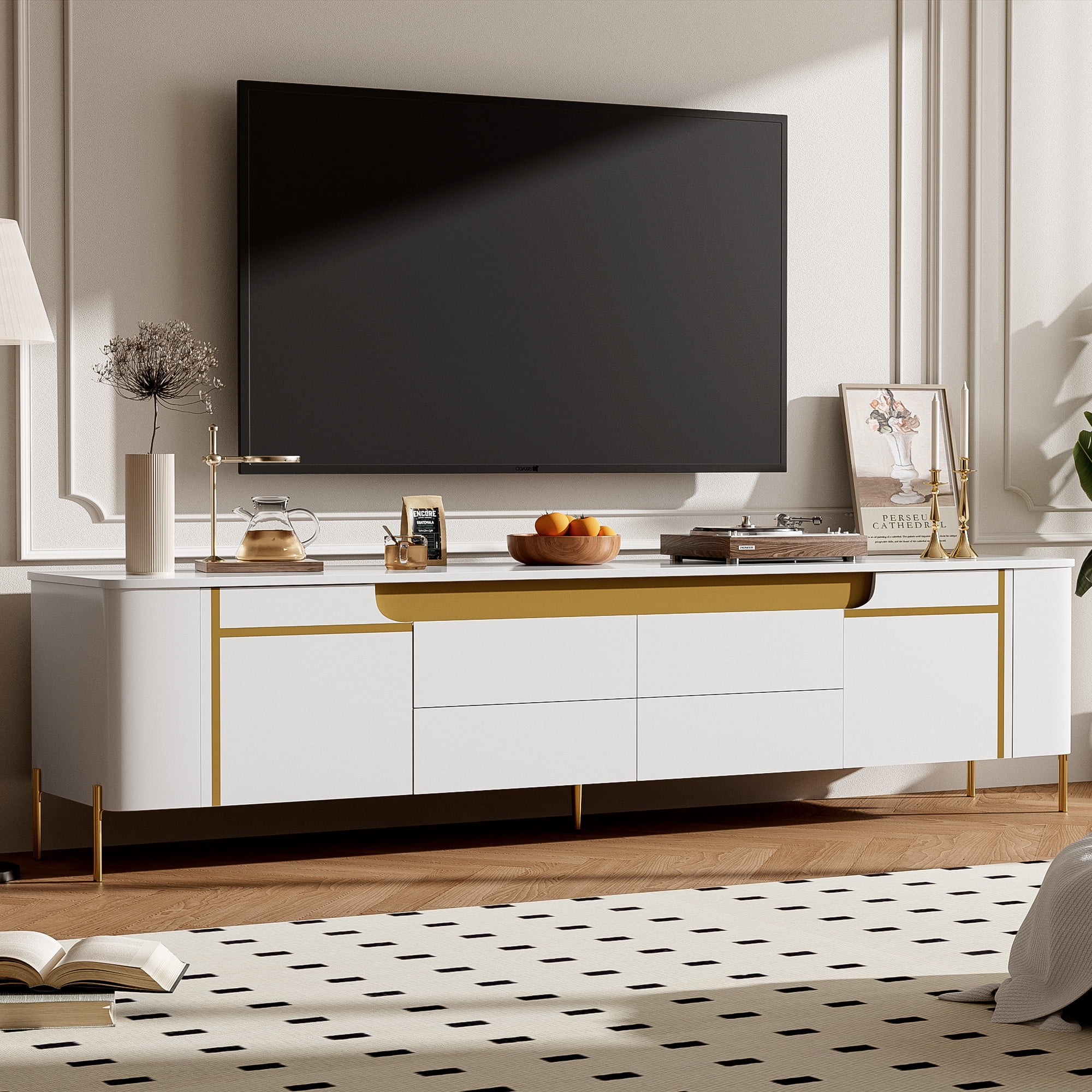 Euroco Light Luxury TV Stand with 2 Cabinets and 4 Drawers – Gold Metal Legs, Cable Management, Concealed Handles – Modern Entertainment Center for Living Room