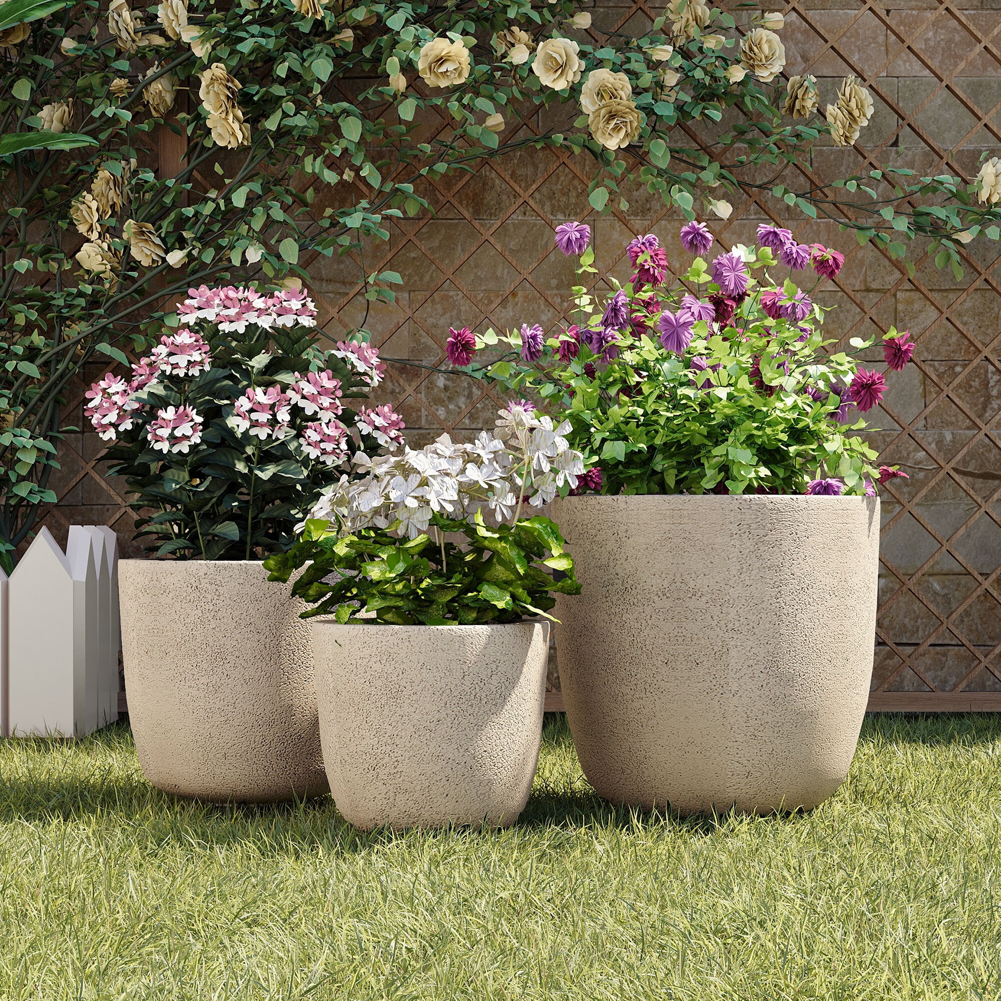 Euroco Lightweight Flower Pot Set of 3, 16.93"+13.98"+11.22" Dia Round Concrete Stackable Planter with Drainage Holes and Rubber Plug,Modern Decorative Pots for Indoor Outdoor,Patio Garden Balcony