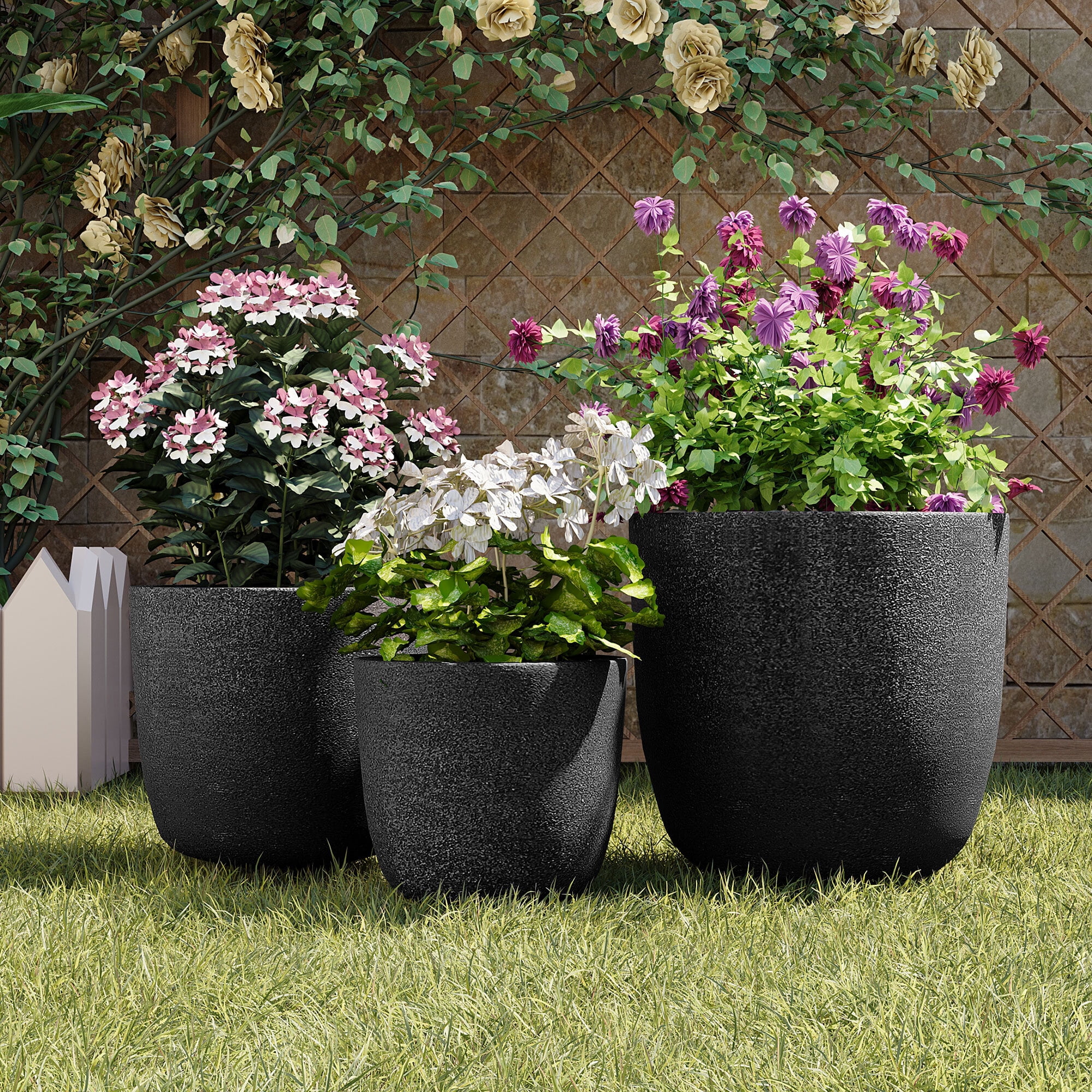 Euroco Lightweight Flower Pot Set of 3, 16.93"+13.98"+11.22" Dia Round Concrete Stackable Planter with Drainage Holes and Rubber Plug,Modern Decorative Pots for Indoor Outdoor,Patio Garden Balcony