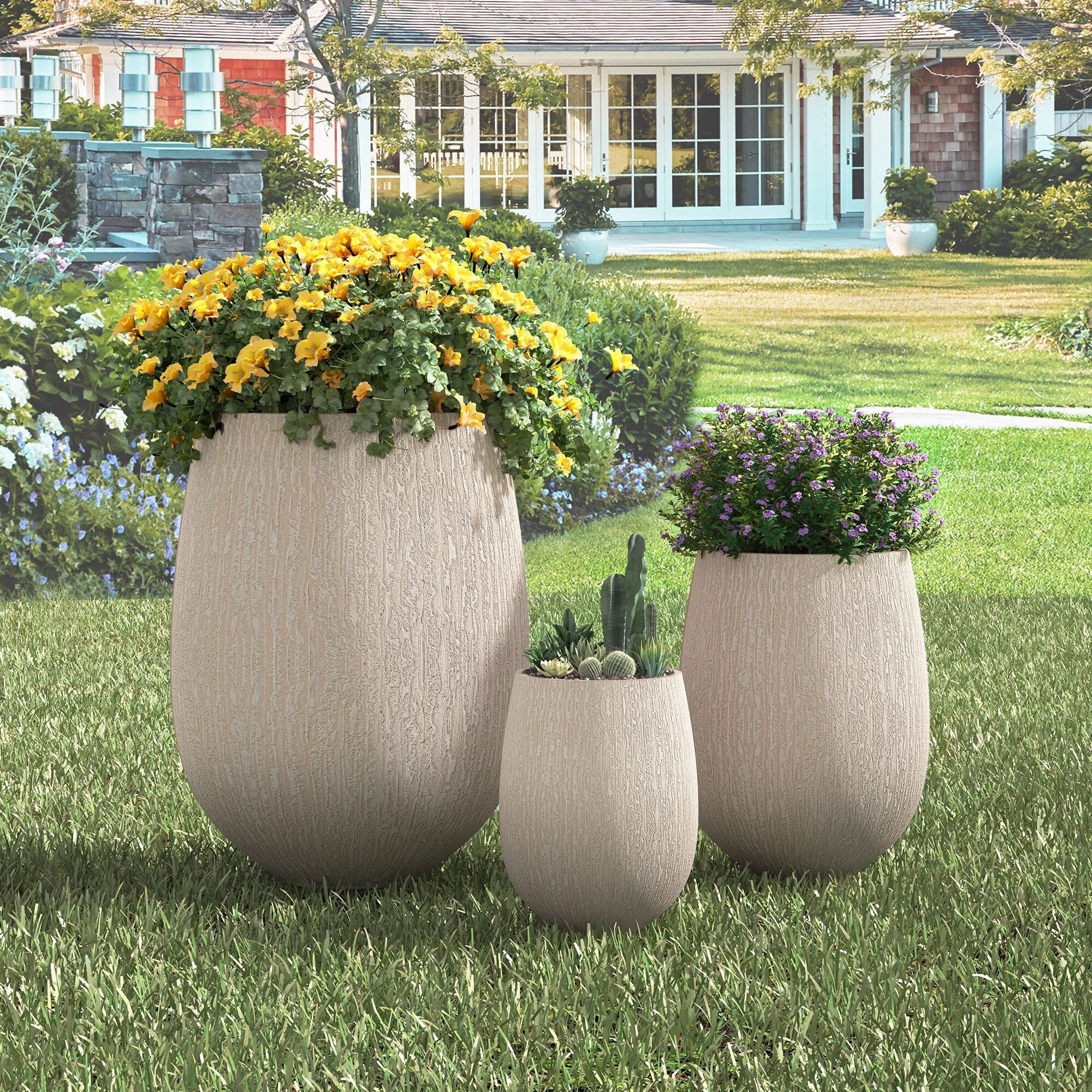 Euroco Lightweight MGO Planter Set of 3, 15.6"+10.8"+7.3" Egg-Shaped Outdoor Flower Pots with Drainage Holes & Rubber Plug,Modern Stone-Look Textured Decorative Pots for Garden, Patio, Home, Office