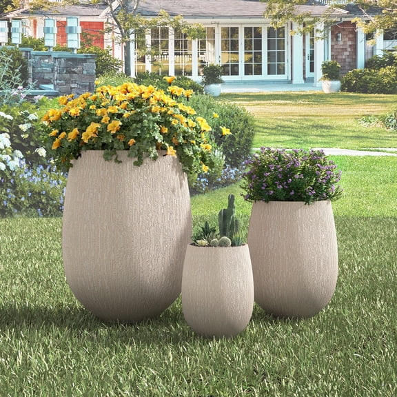 Euroco Lightweight MGO Planter Set of 3, 15.6"+10.8"+7.3" Egg-Shaped Outdoor Flower Pots with Drainage Holes & Rubber Plug,Modern Stone-Look Textured Decorative Pots for Garden, Patio, Home, Office