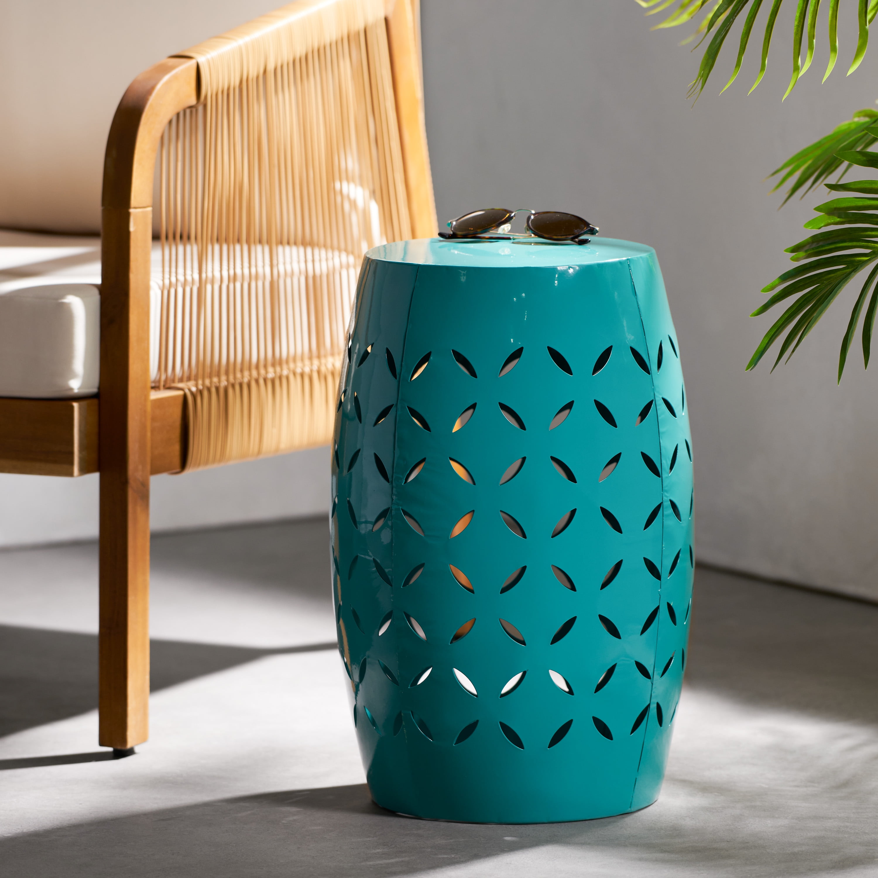 Euroco Lilac 12" Accent Side Table, Cylindrical Design End Table for Living Room, Family Room, or Entryway, Industrial Style,Coffee Side Tables for Indoor Outdoor, Teal Color