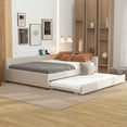 thumbnail image 1 of Euroco Line Queen Size Upholstered Platform Bed with Trundle for Kids, Beige, 1 of 7