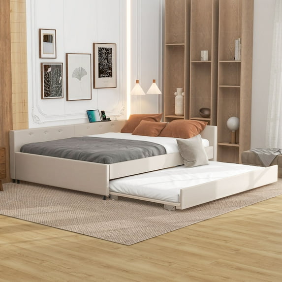 Euroco Line Queen Size Upholstered Platform Bed with Trundle for Kids, Beige