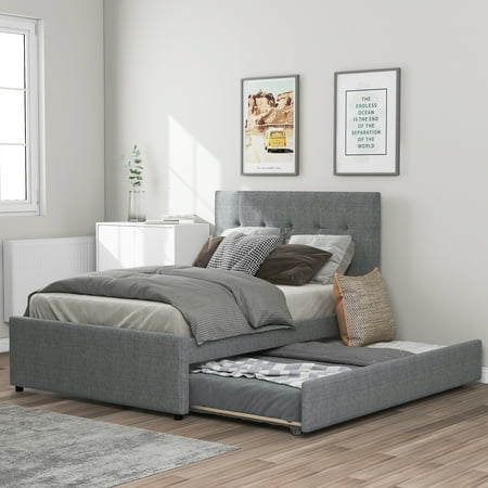 Full Size Upholstered Platform Bed with Trundle for Kids