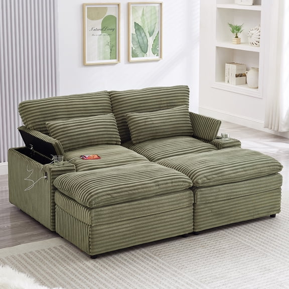 Euroco Loveseat Sofa 70.9" Free-combined Sectional Convertible Sofa Bed with Storage Space, Two Movable Ottomans, Four USB Ports and Two Cup Holders for Living Room, Green