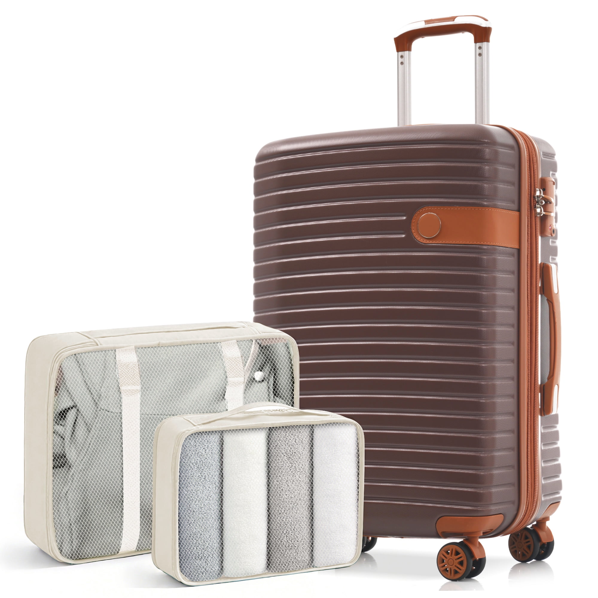 Euroco Luggage Set 3 Piece,Lightweight Expandable 24" Checked Suitcase with TSA Lock,2 Packing Cubes and Spinner Wheels for Travel,Brown