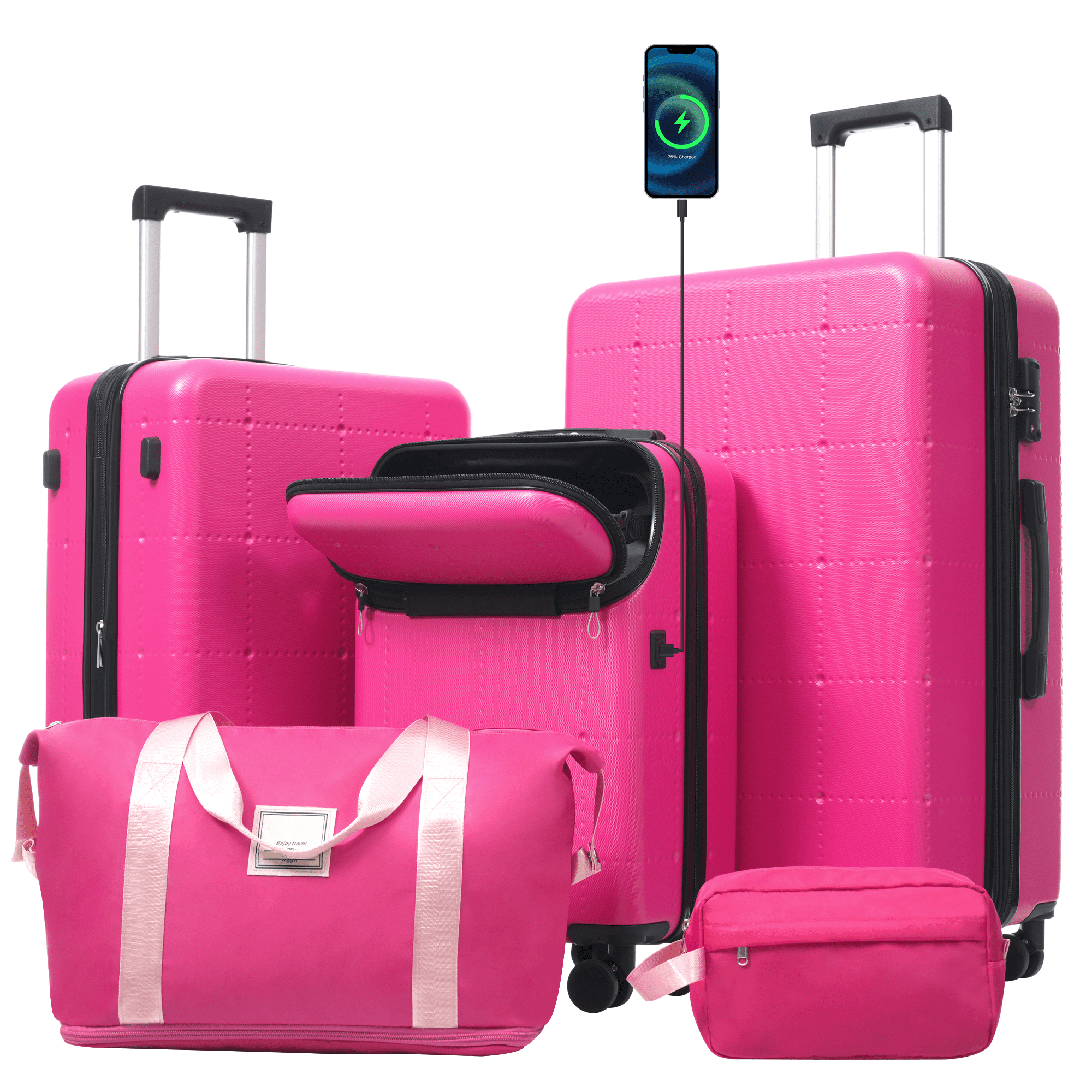 Euroco Luggage Sets 5 Piece, ABS Hardside Expandable Suitcase Set with TSA Lock Spinner Wheels and 2 Bags,20" Half-opening Carry on Luggage with USB Port for Travel,Pink(20"/24"/28")