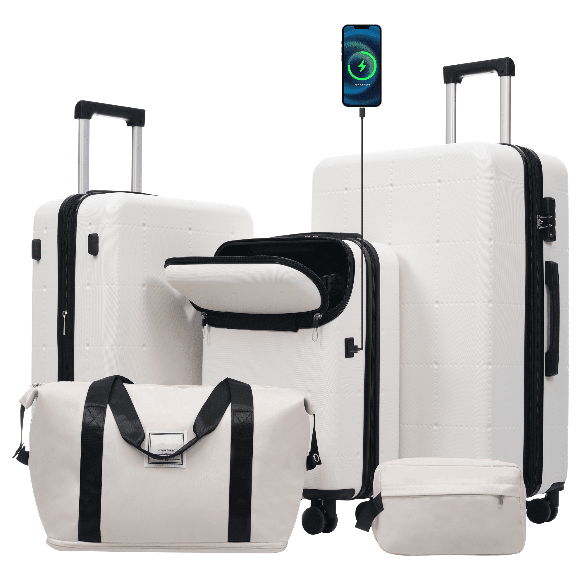 Euroco Luggage Sets 5 Piece, ABS Hardside Expandable Suitcase Set with TSA Lock Spinner Wheels and 2 Bags,20" Half-opening Carry on Luggage with USB Port for Travel,White(20"/24"/28")