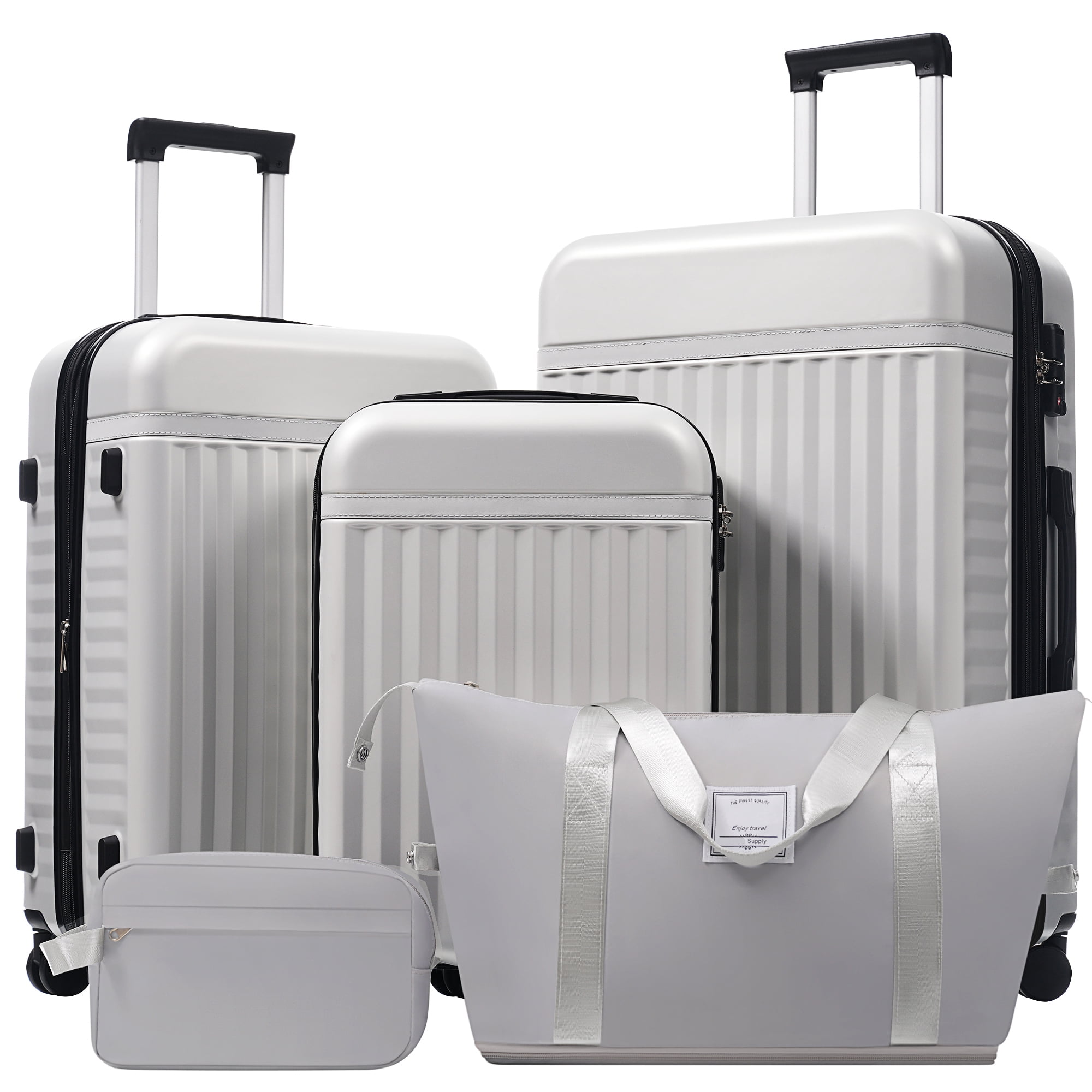 Euroco Luggage Sets 5 Piece,Hardside Expandable Suitcase with 2 Travel Bags,Spinner Wheels and TSA Lock,Lightweight Carry on Luggage for Women Men(20"+24"+28"),Grey+White