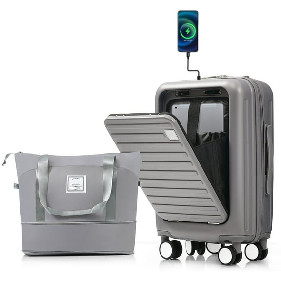 Euroco Luggage Sets Front Opening,20" Carry-On Luggage with Expandable Travel Bag,USB Port,Cup Holder,TSA Lock and Spinner Wheels,ABS Hardshell Suitcase Set,Grey