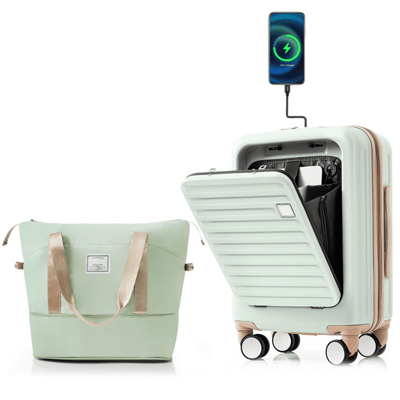 Euroco Luggage Sets Front Opening,20" Carry-On Luggage with Expandable Travel Bag,USB Port,Cup Holder,TSA Lock and Spinner Wheels,ABS Hardshell Suitcase Set,Grey Green