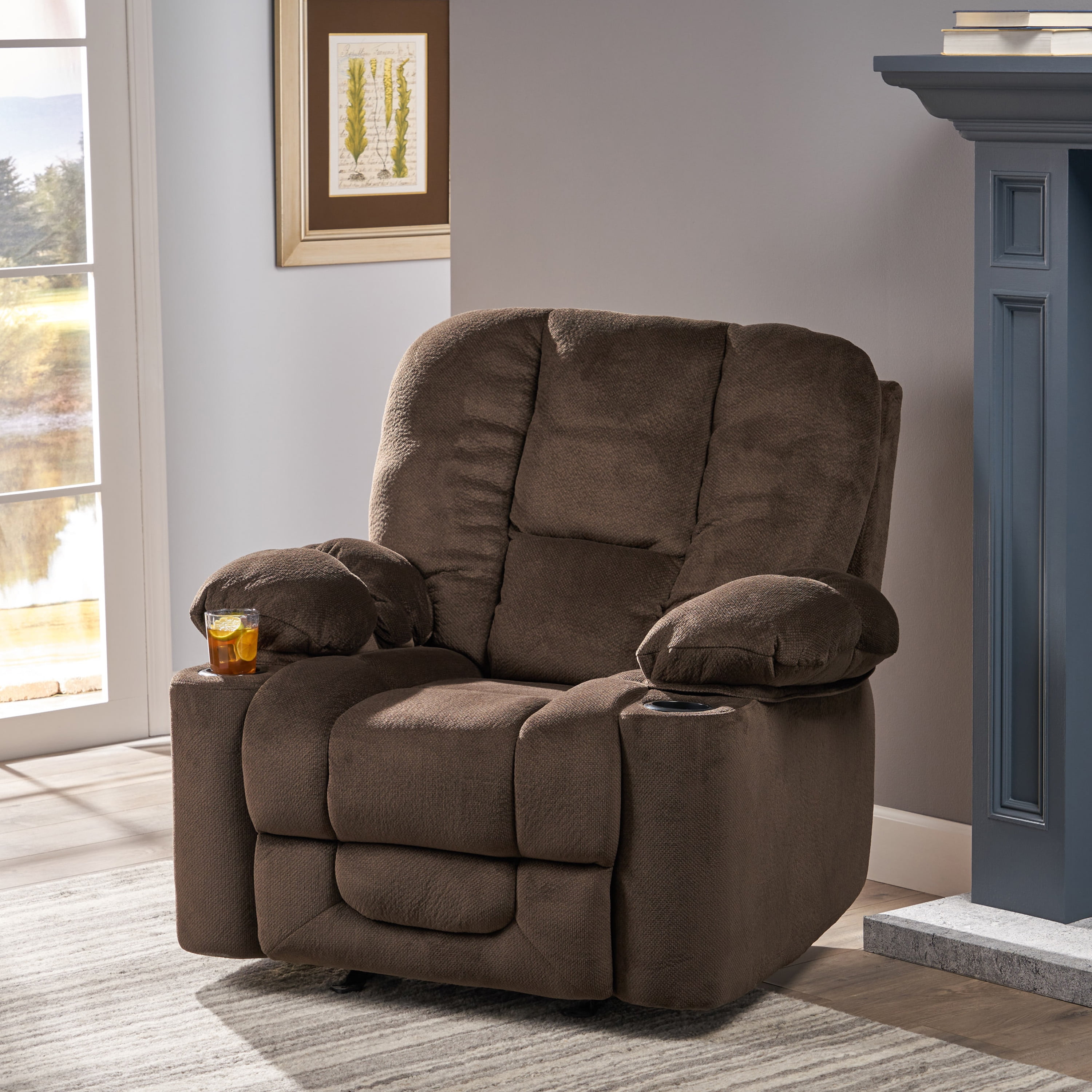 Euroco Luxurious Manual Recliner Chair in Chocolate with Skin-Friendly Fabric and Dual Cup Holders