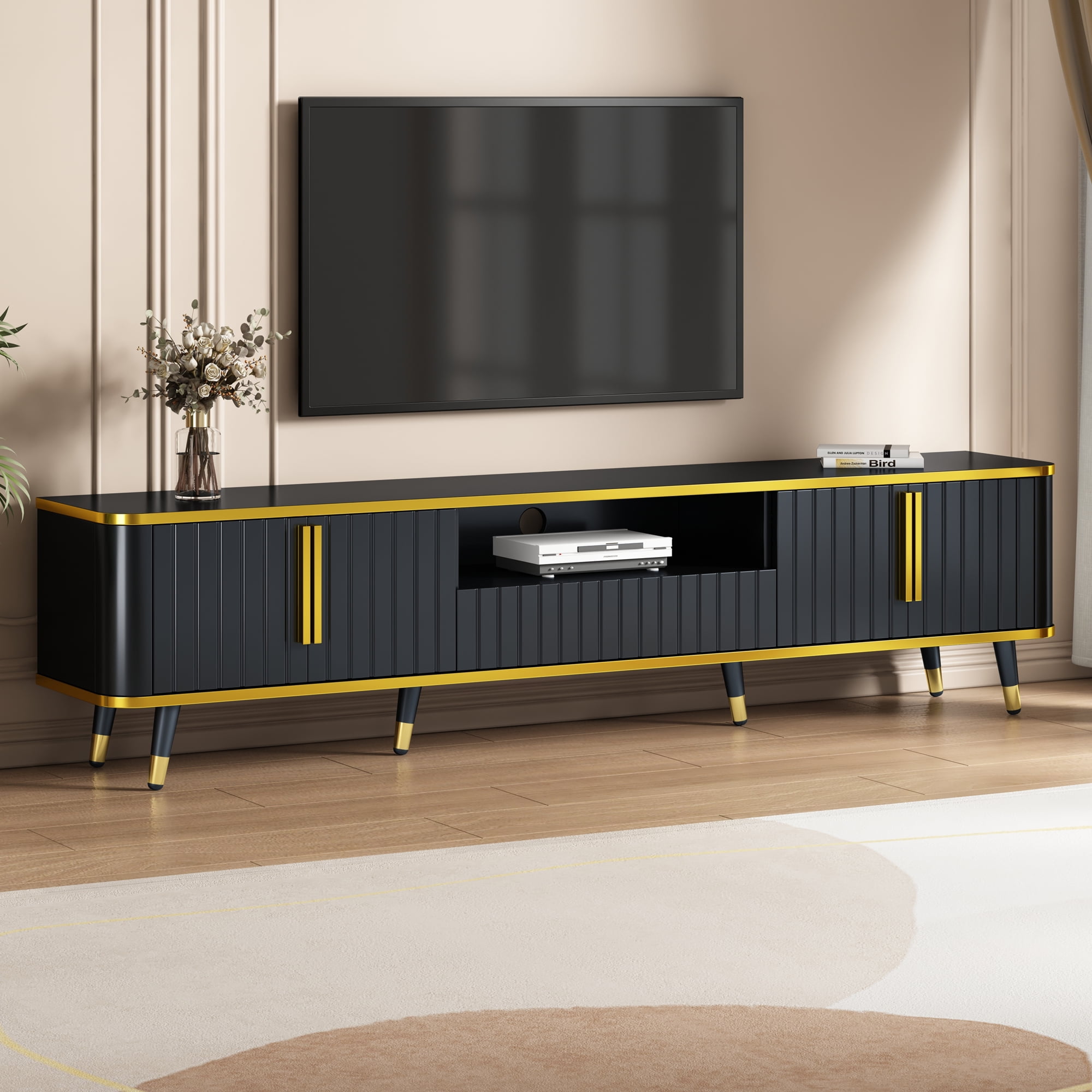 Euroco Luxury Minimalism TV Stand with Open Storage Shelf for TVs Up to 85", Entertainment Center with Cabinets and Drawers, Practical Media Console with Unique Legs
