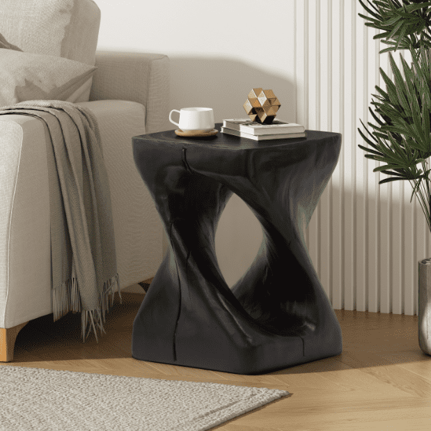 Euroco MGO Twist Shape Side Table, Wood-like texture, Black Color