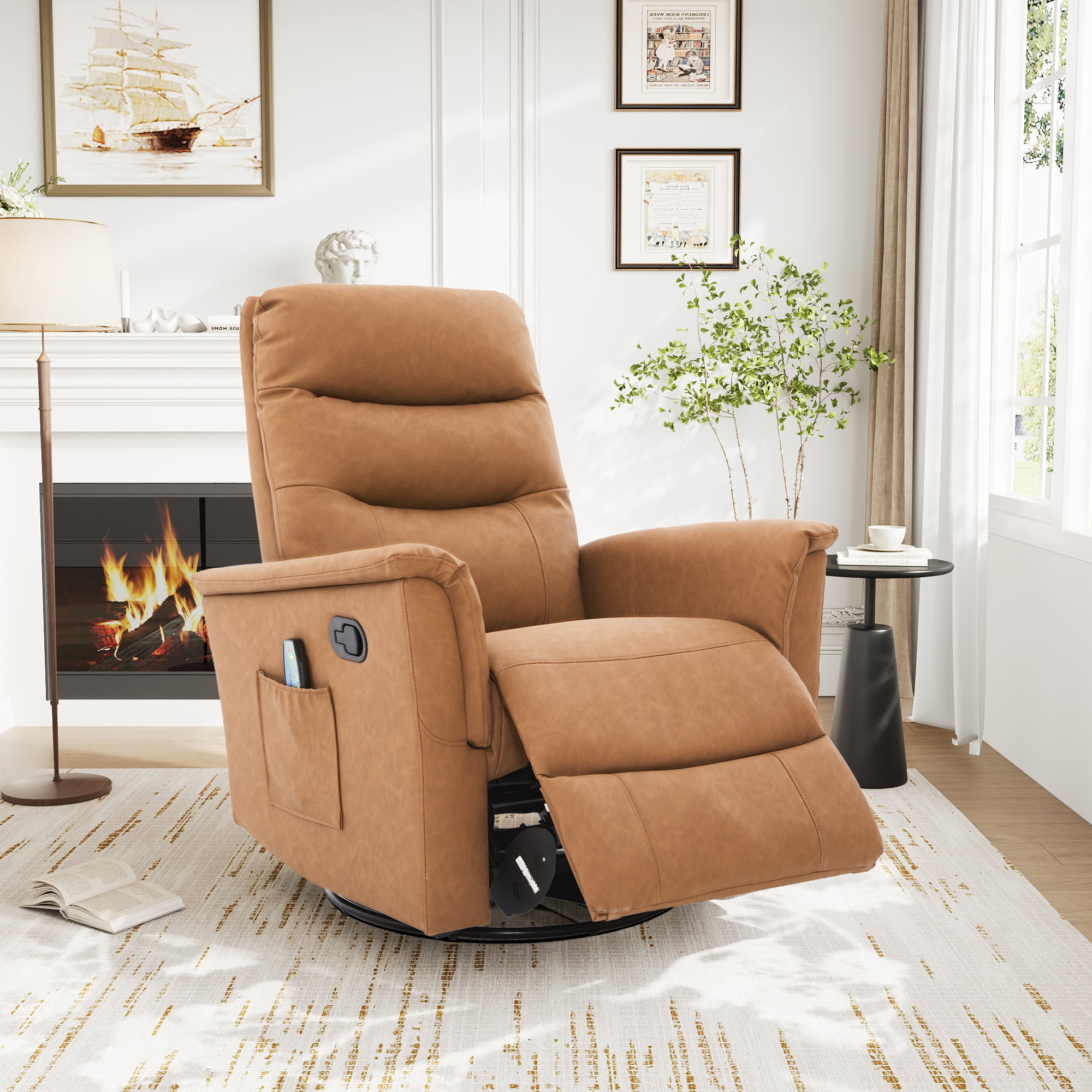 Euroco Manual Recliner Chair, 270° Swivel Rocker Chair with 8-Point Massage Function and Adjustable Backrest,Nursery Rocking Recliner for Living Room, Bedroom and Nursery, Brown