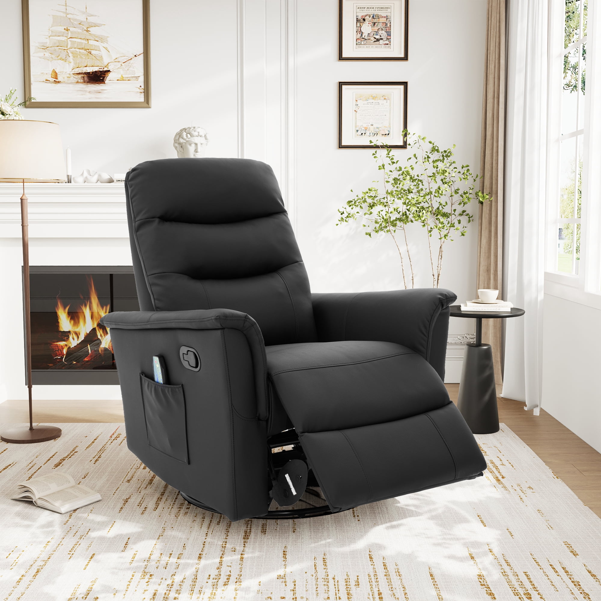 Euroco Manual Recliner Chair, 270° Swivel Rocker Chair with 8-Point Massage Function and Adjustable Backrest,Nursery Rocking Recliner for Living Room, Bedroom and Nursery,Black