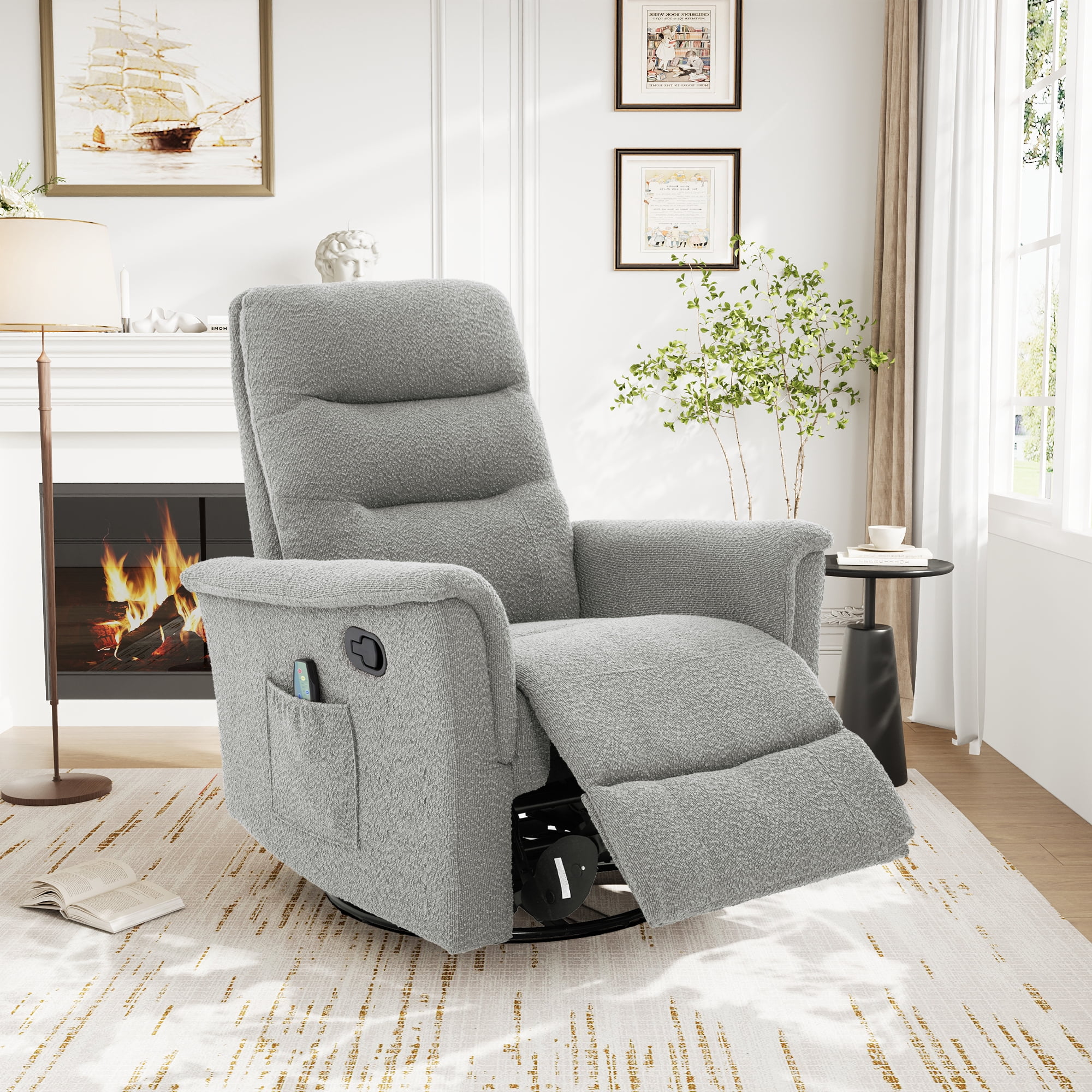 Euroco Manual Recliner Chair, 270° Swivel Rocker Chair with 8-Point Massage Function and Adjustable Backrest,Nursery Rocking Recliner for Living Room, Bedroom and Nursery,Grey