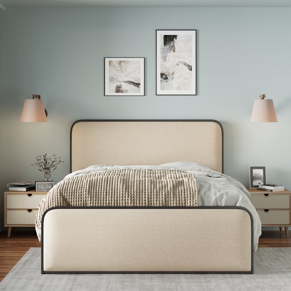 Euroco Metal Bed Frame with Upholstered Headboard, Queen Size Platform Bed for Adults, Beige