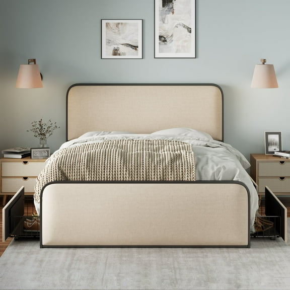 Euroco Metal Bed with Upholstered Headboard, Queen Size Platform Bed with 4 Drawers for Adults,Beige