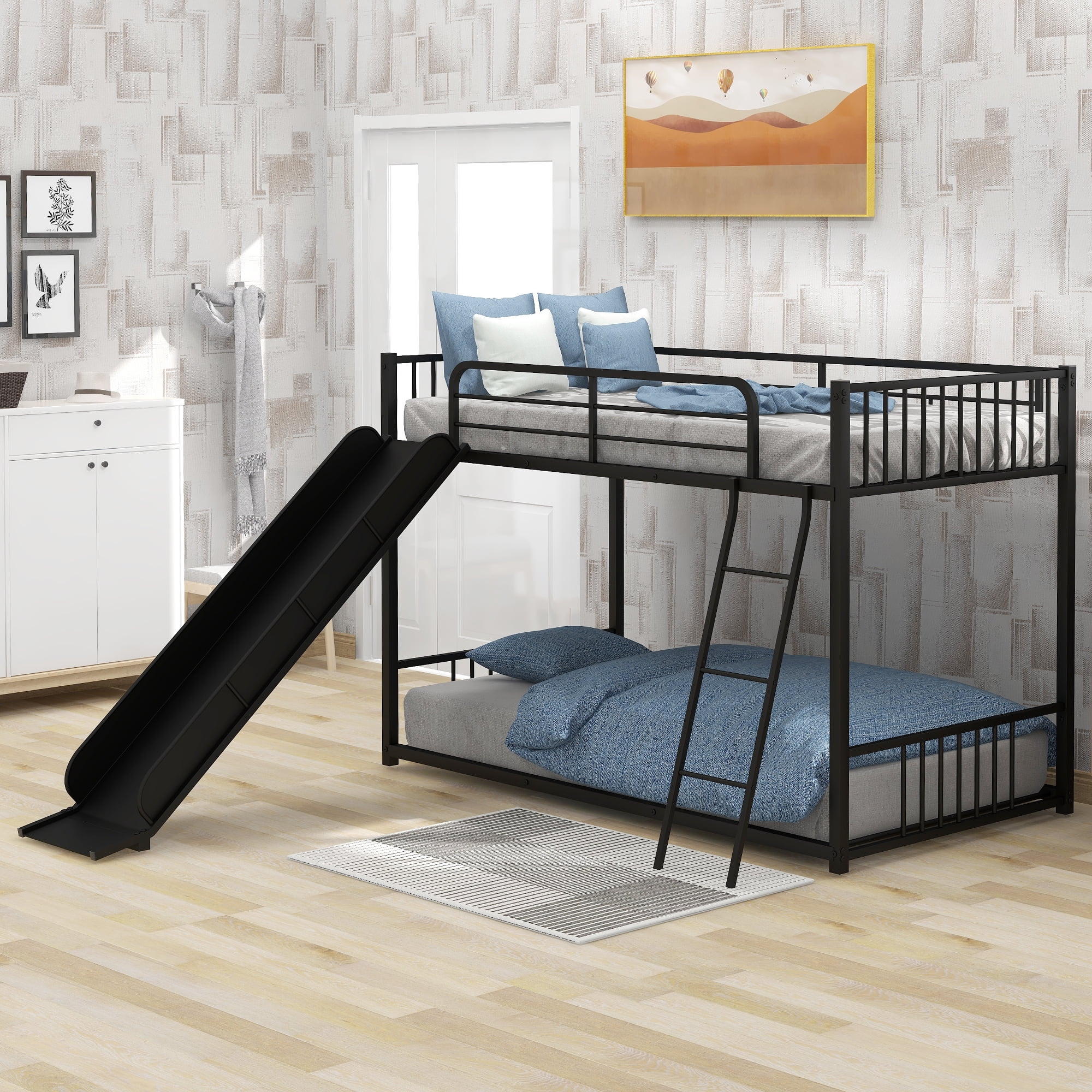 Euroco Twin over Twin Metal Bunk Bed with Slide and Steps for Kids Room Black Walmart