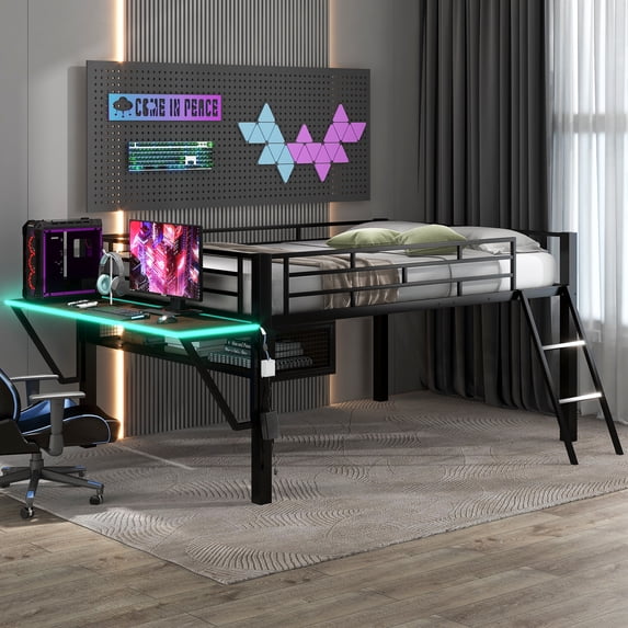 Euroco Metal Frame Desk LED Light Full Loft Bed with Under Bed Storage for Kids Teens Black
