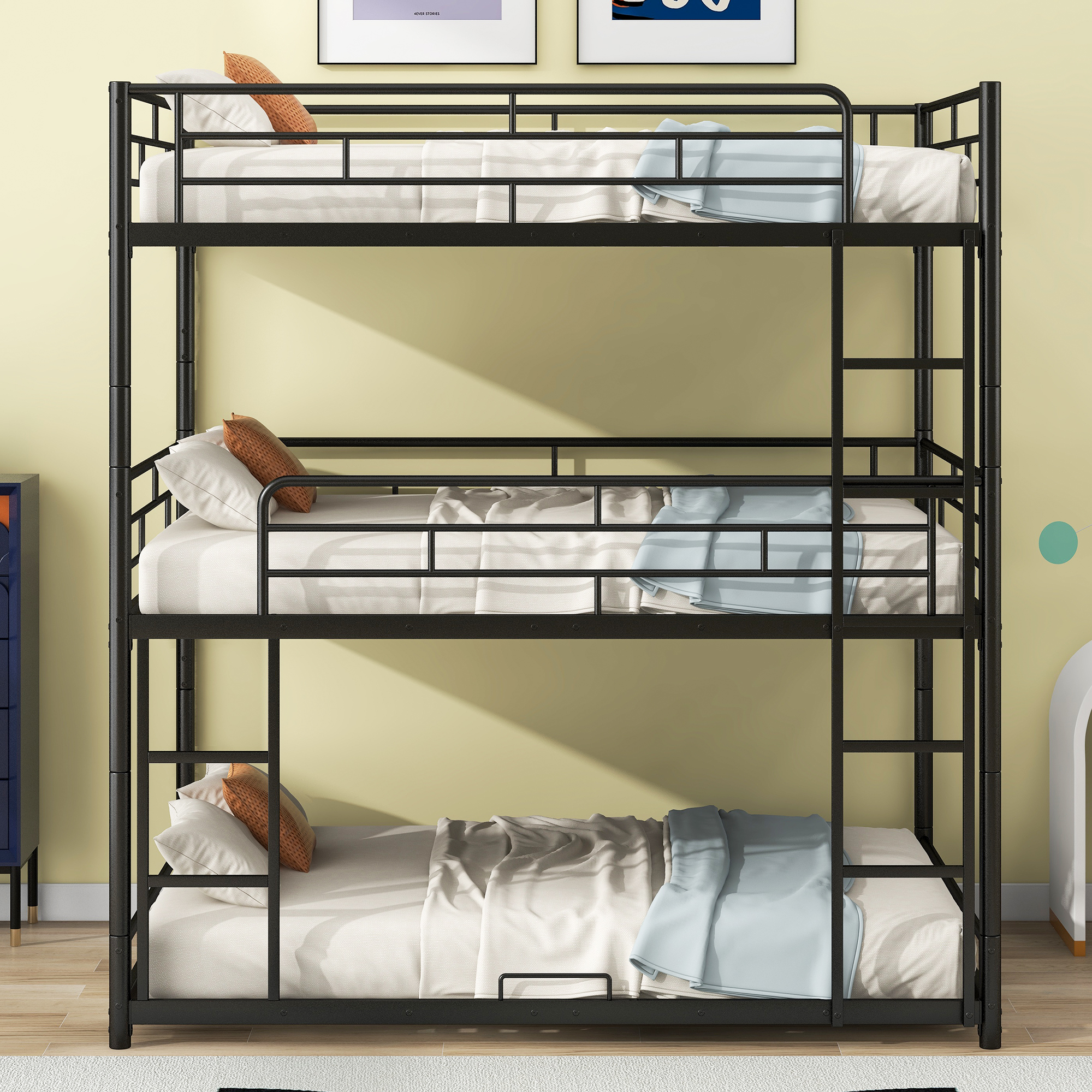 Euroco Metal Full over Full over Full Bunk Bed, Triple Bed for Kids Room, Divided inot 3 Full