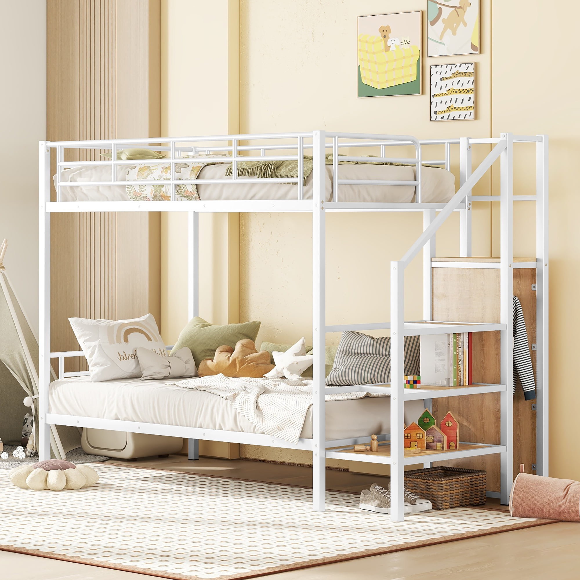 Euroco Metal Twin over Twin Bunk Bed for Kids Teens Adults, Space-Saving with Staircase and Wardrobe, White