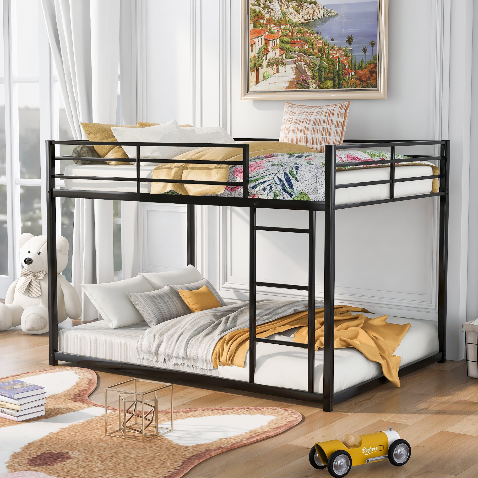 Euroco Metal Full over Full Size Bunk Bed Low Profile Bunk with Ladder ...